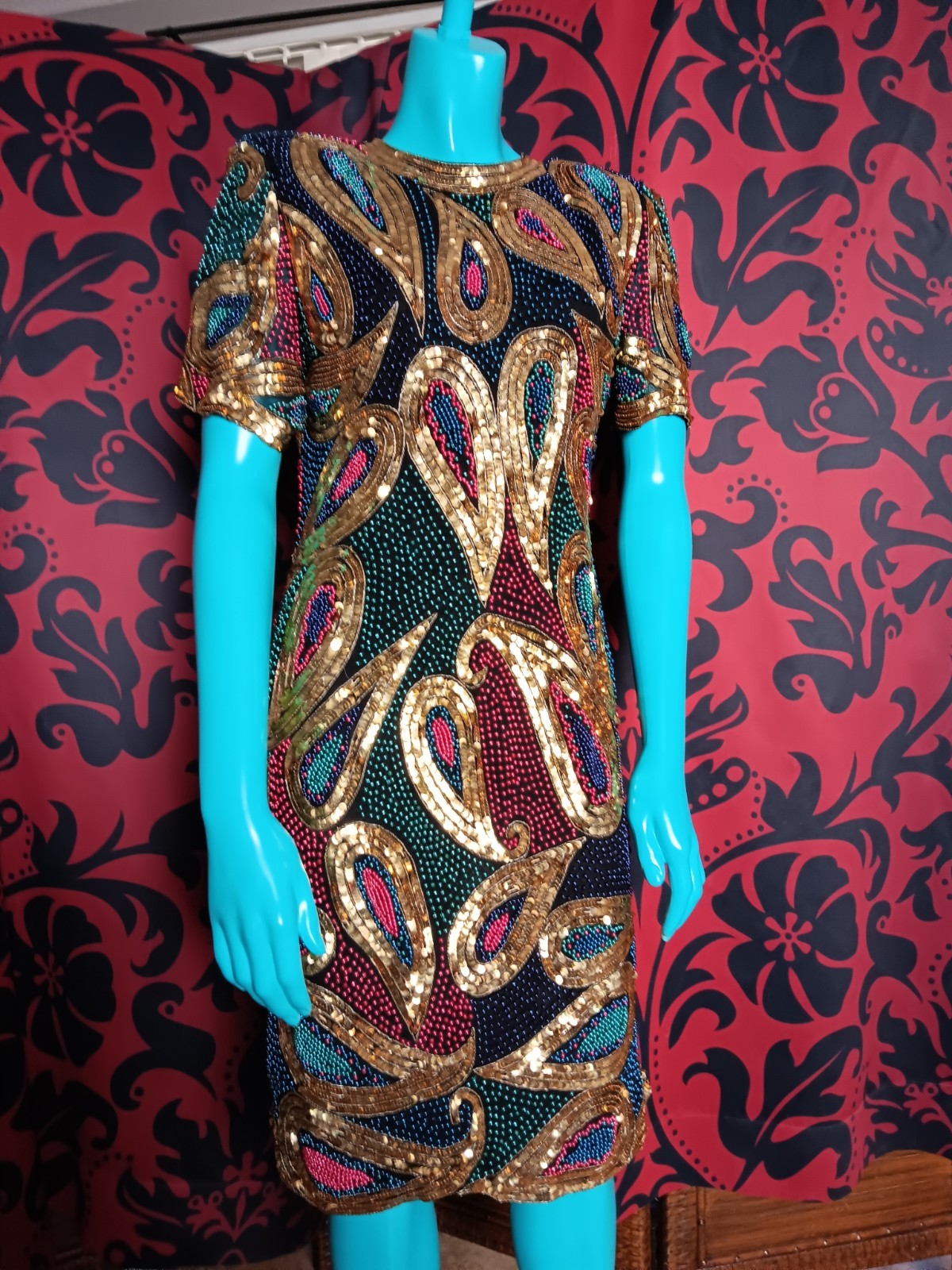 Vintage Sweelo Dress Sm Beaded All Over Gold Multi Color 100% Silk Y2k Glam Boho