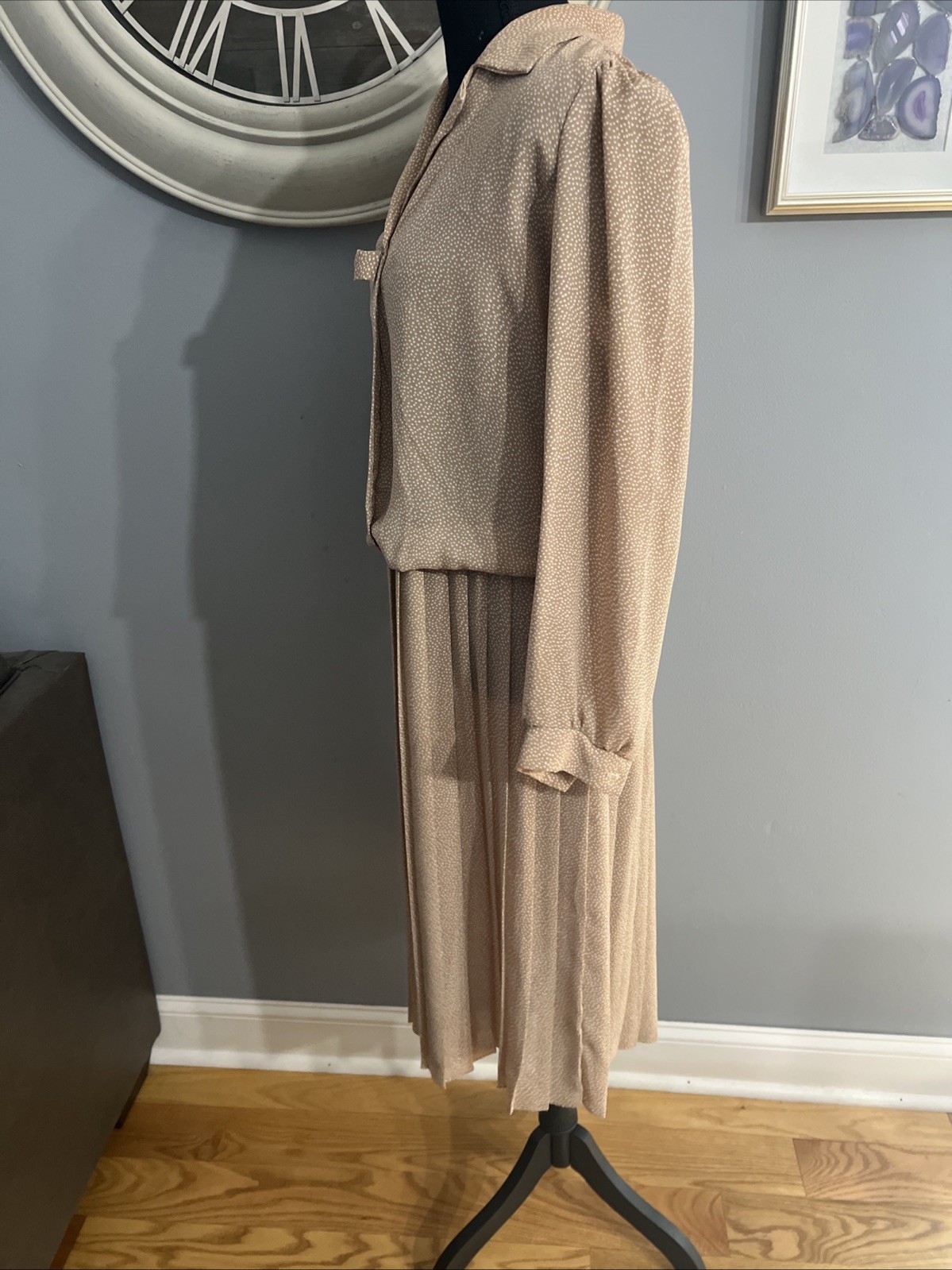 Vintage Breli Dress Size 14 Tan Polka Dots White Polyester