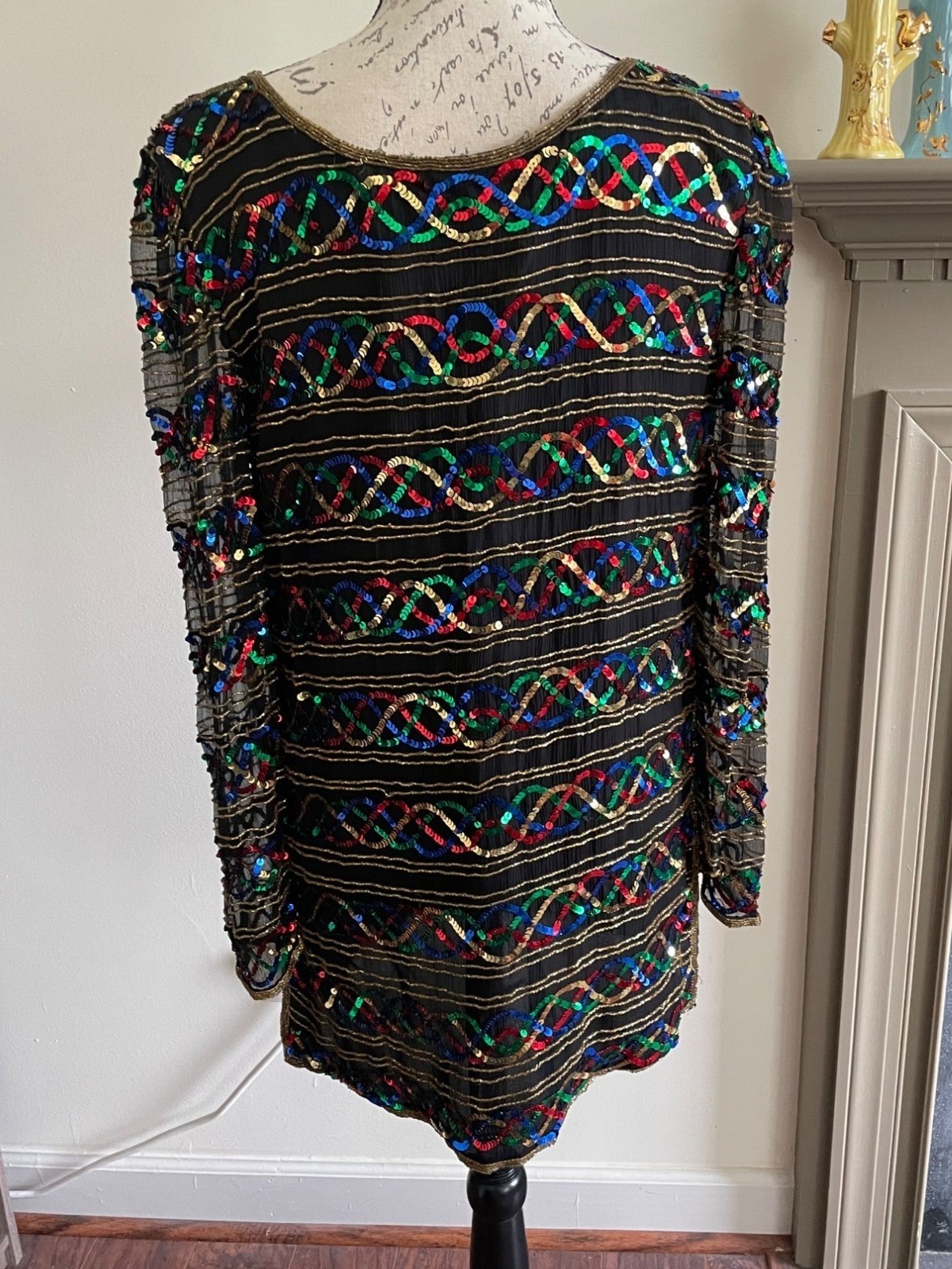 Vintage Stenay Silk Rainbow Sequin Shirt Scoop Neck Blouse Top Showgirl Sparkle