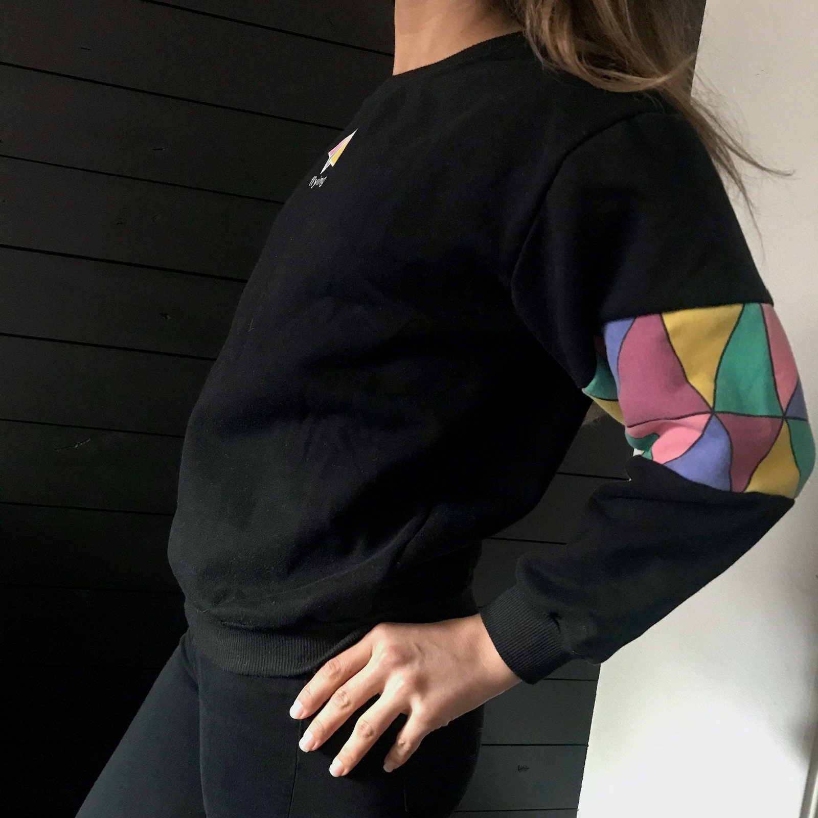 vtg 80s knit black sweatshirt pastel kite boho crewneck pullover small street
