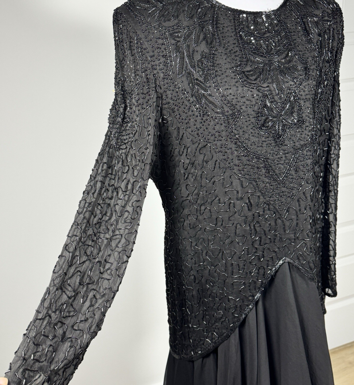 Vintage Carina Black Beaded Silk Evening Gown L/XL Asym Hem Shoulder Pads