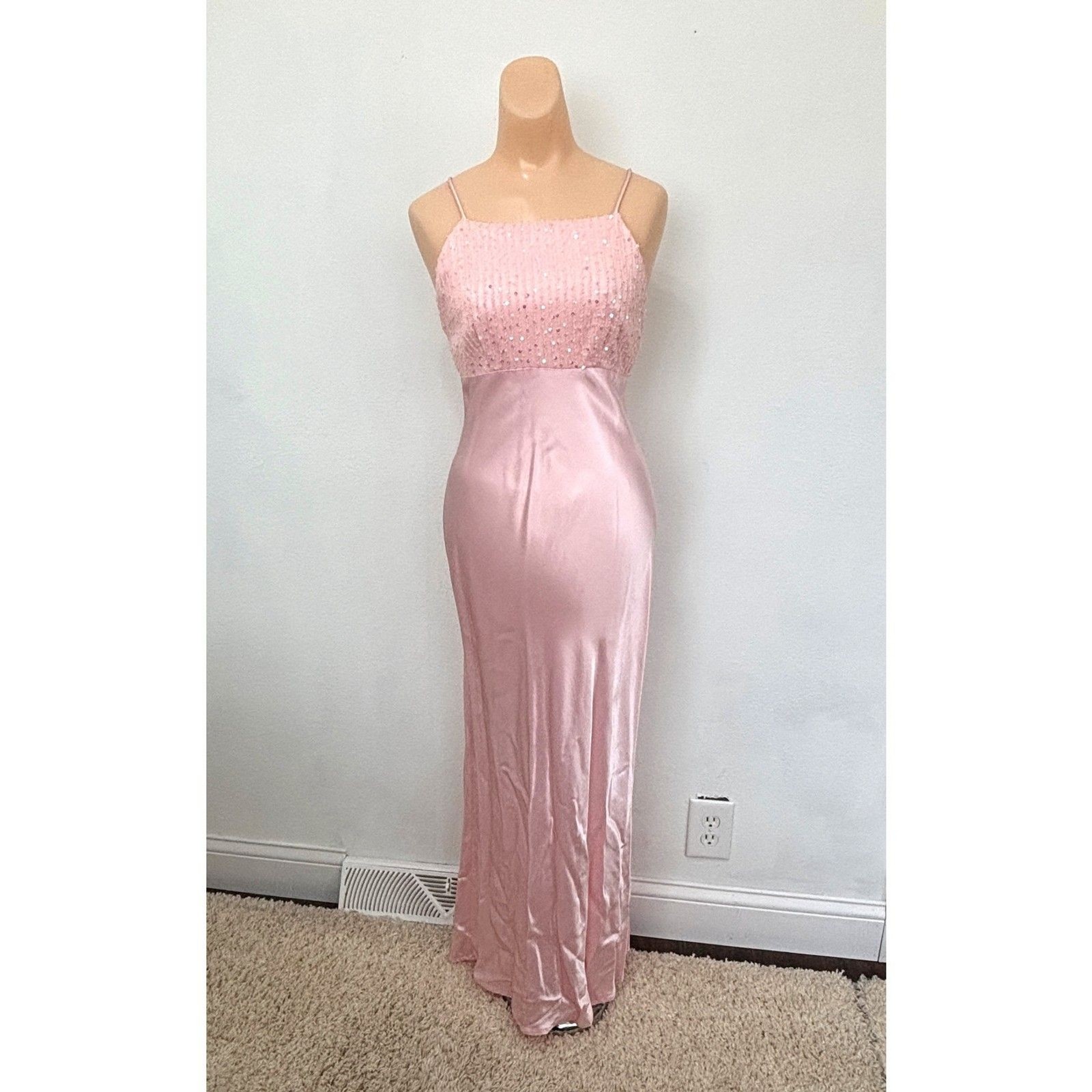 Be Smart Y2K Pink Satin Empire Maxi Dress Size 6 Vintage 90s Fairy Prom Hoco