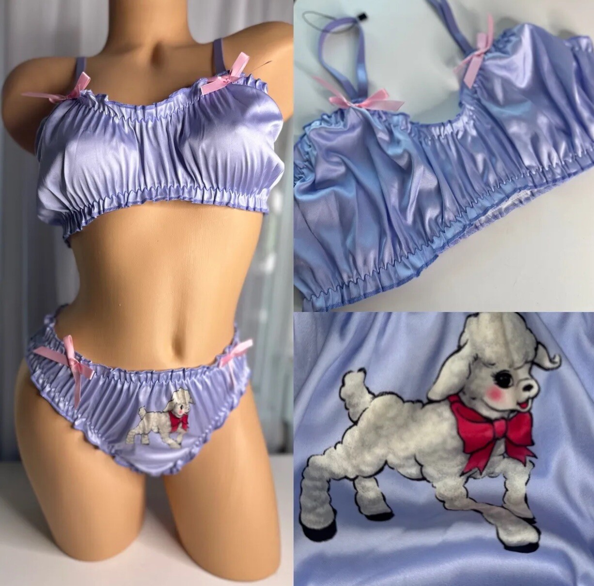 L 7 Shiny Satin Bralette & Tanga Panty Vtg Lingerie Coquette Lambs Bows