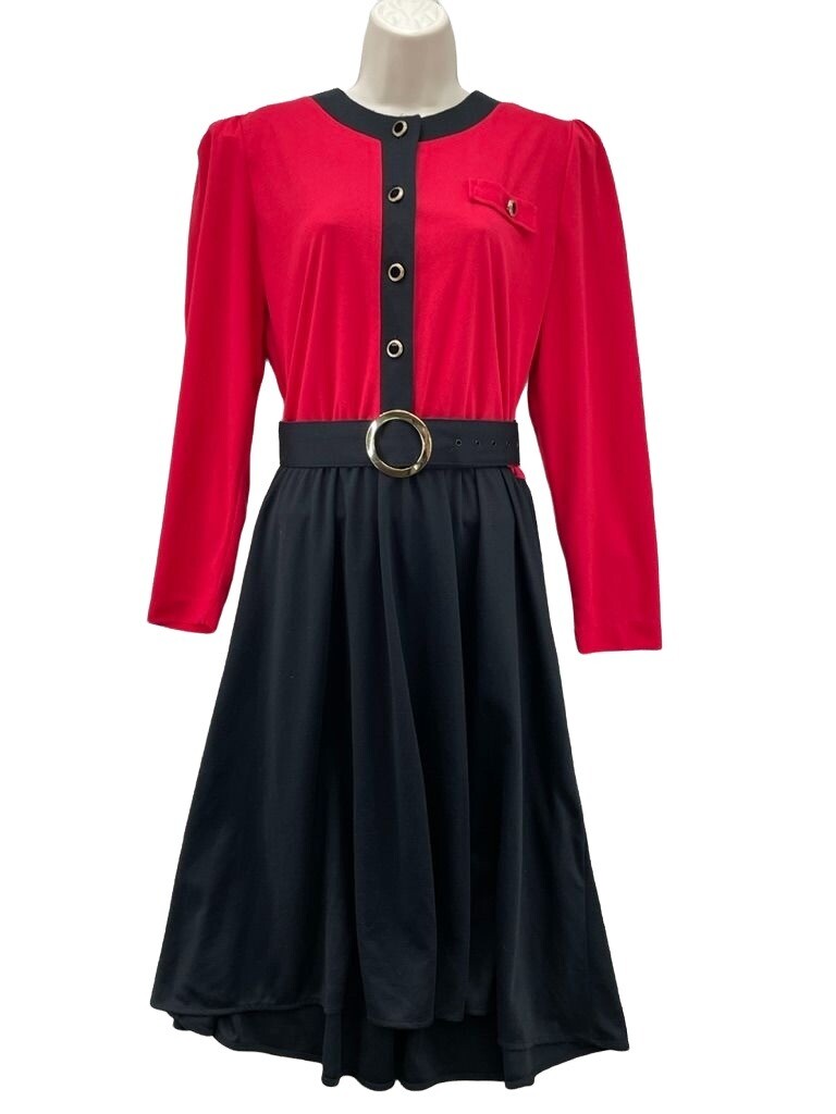 Vintage 80s Tabby of California Dress Womens L Red Black Belted Pockets Old Mone