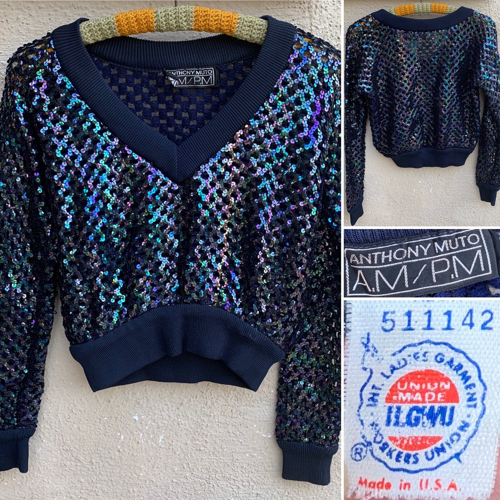 Vintage Anthony Muto AM PM Sequin Top Long Sleeve V Neck 70s 80s Size S M