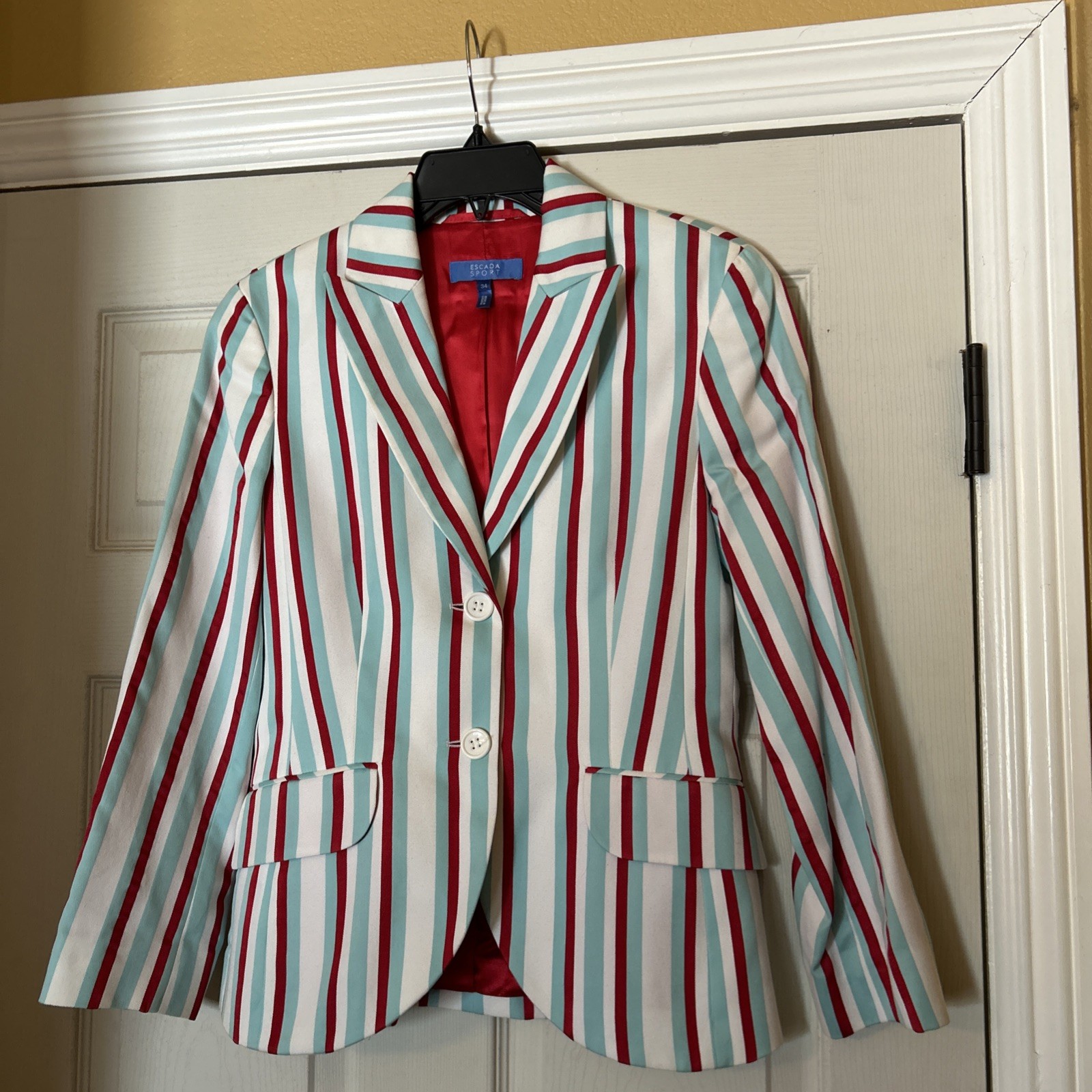 Vintage Escada Womens Sport Jacket Blazer Aqua Blue Red White Striped 34