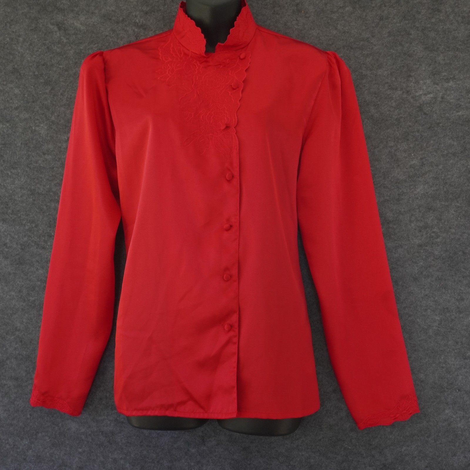 Vintage TJW Mervyns Satin Blouse 16 Red Mandarin Collar Lace Embroidered 80s Top