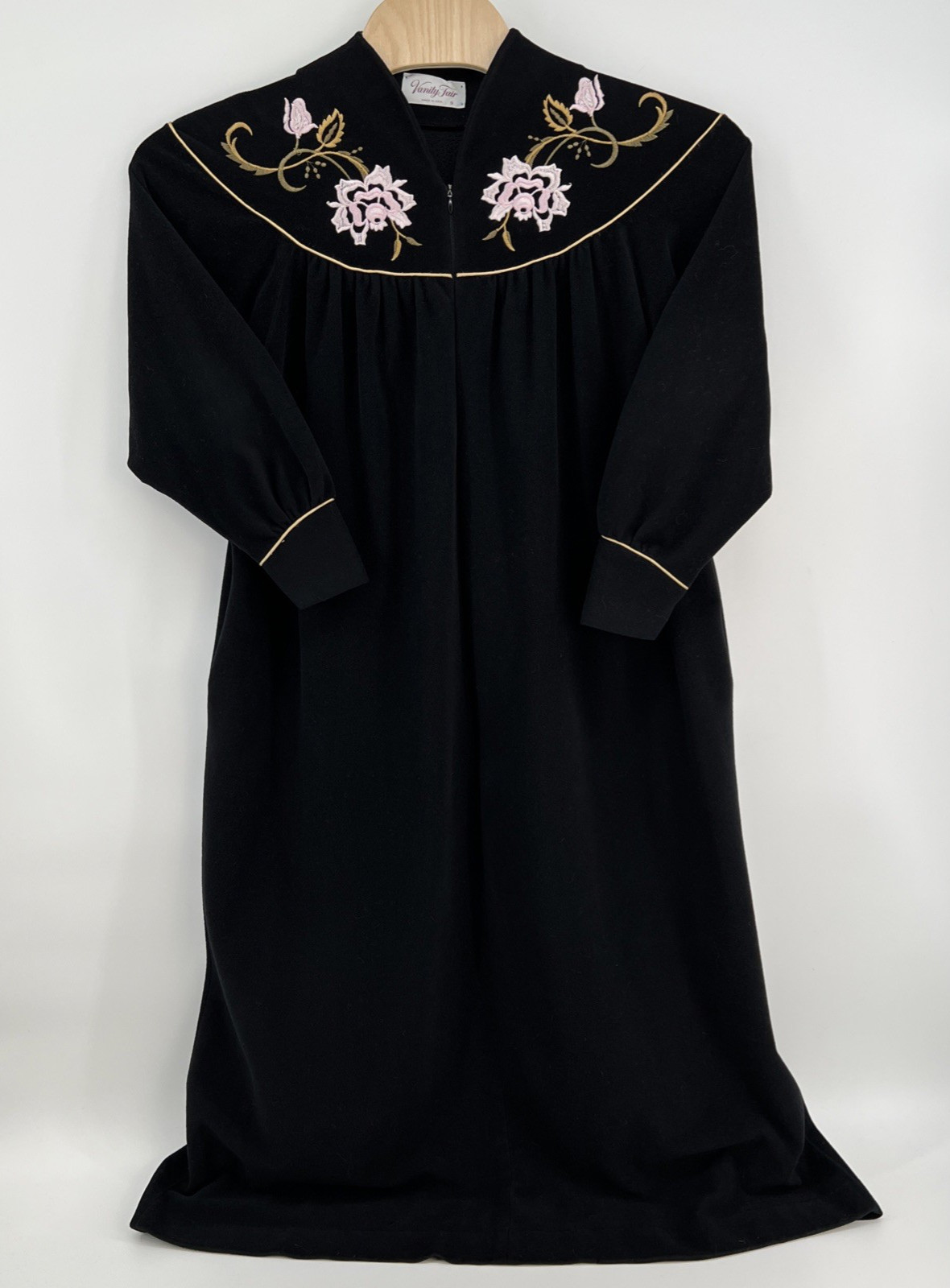 Vtg Vanity Fair Black Velour Robe Size Small Zip Front Embroidered Made in USA