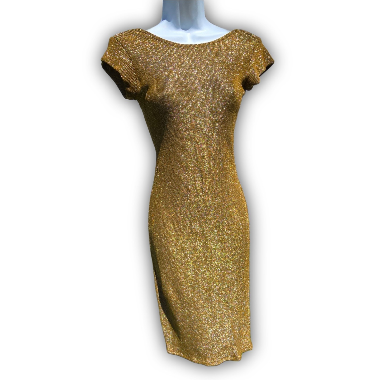 Vintage ILGWU USA Made Low Cut Back Gold Midi Shimmer Dress Size 11 Womens