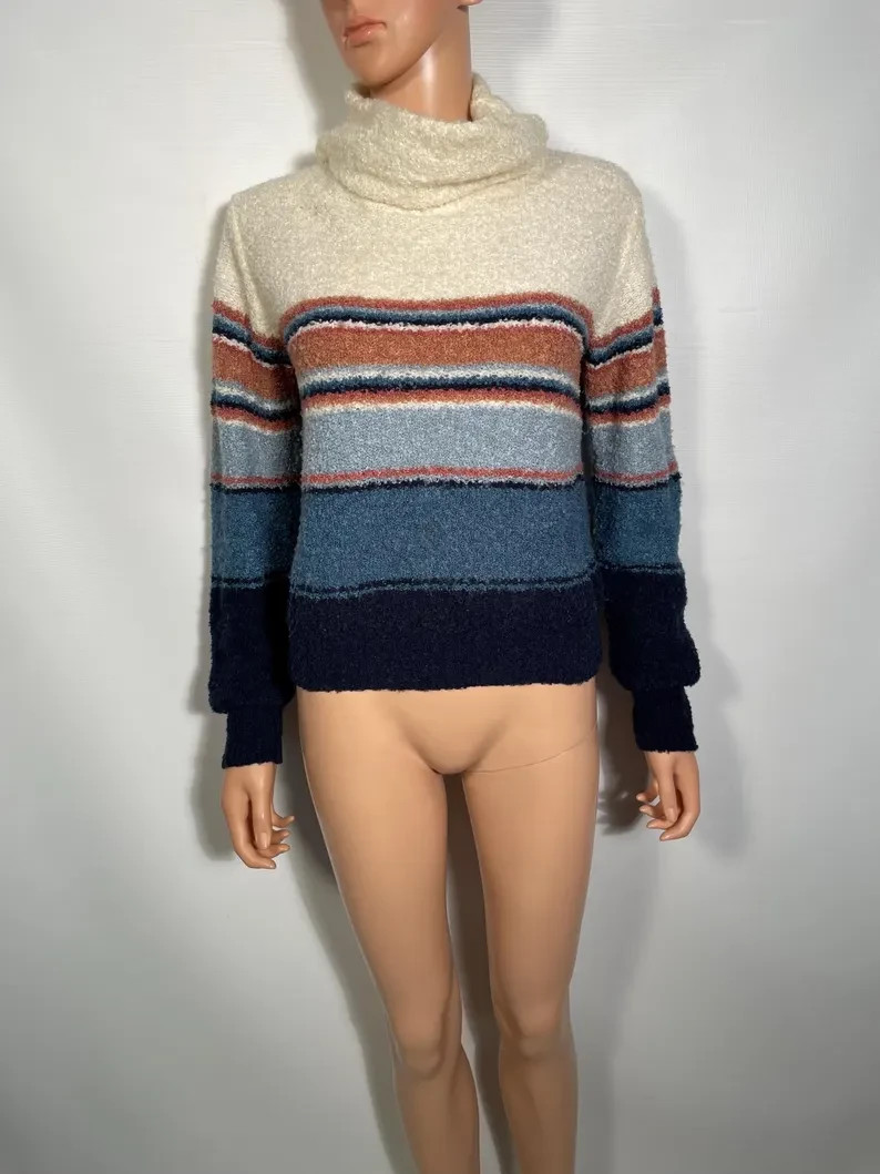 Vintage 1970s Fuzzy Bouclé Knit Striped Turtleneck Sweater Size M