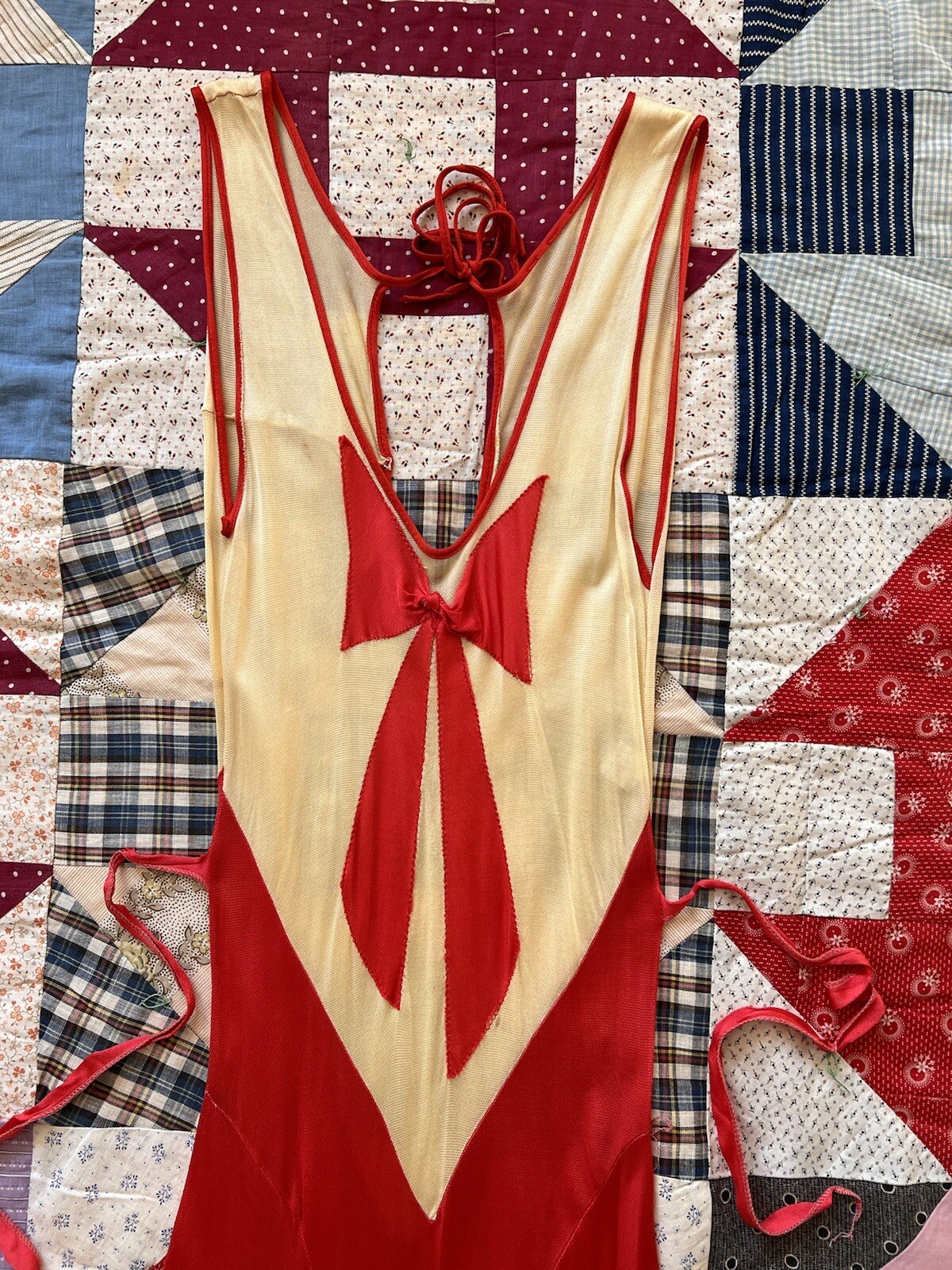 Vintage 1930s Red & Cream Trompe L’Oeil Rayon Jersey Beach Pajamas Jumpsuit Deco