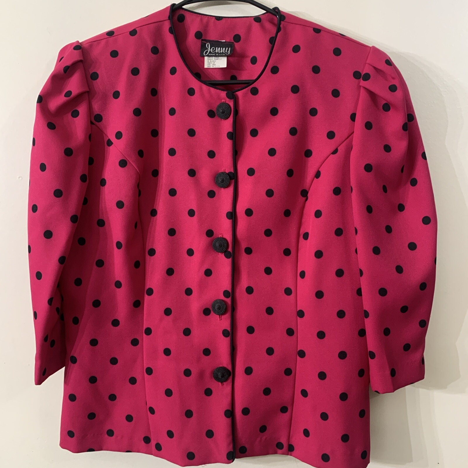 VTG 1980s Hot Pink Black Polka Dot Blouse Size M Secretary Retro Barbie Minnie