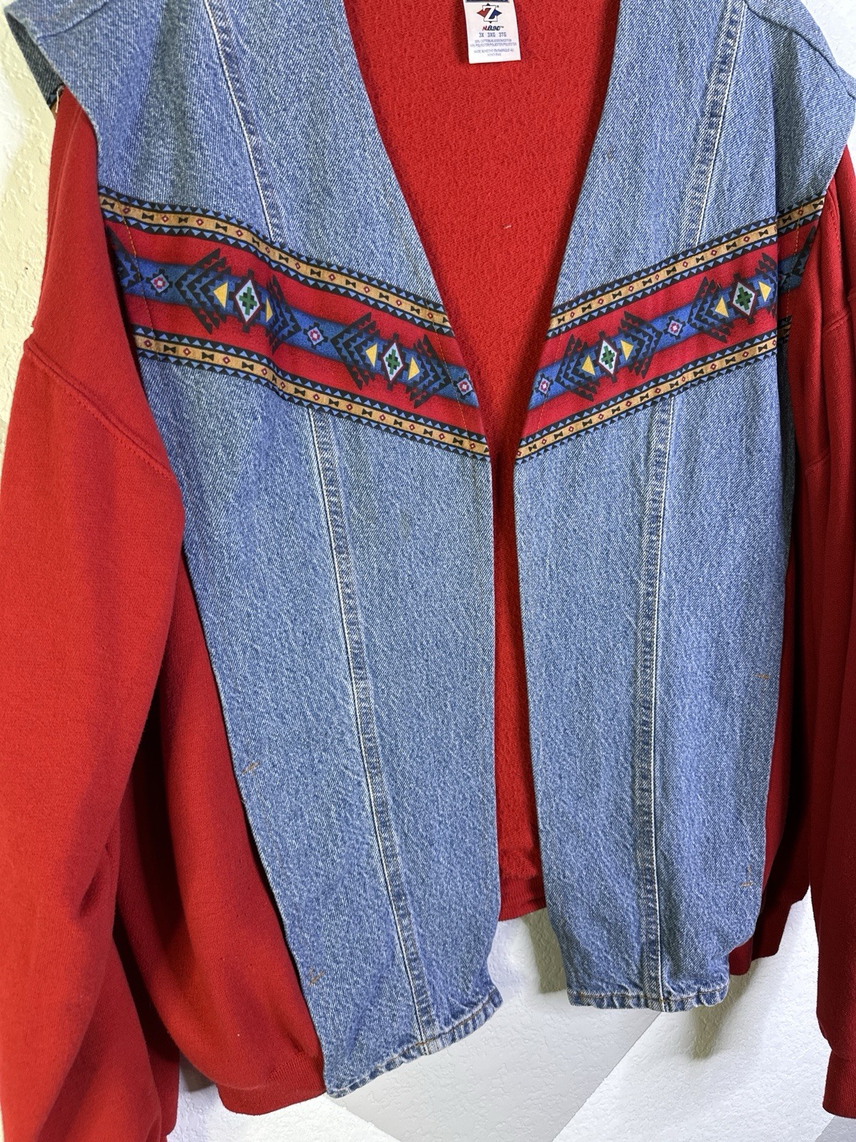 Jerzees Womens Red Denim Tribal Jacket Open Front Reworked 90s 3XL Handmade Vtg