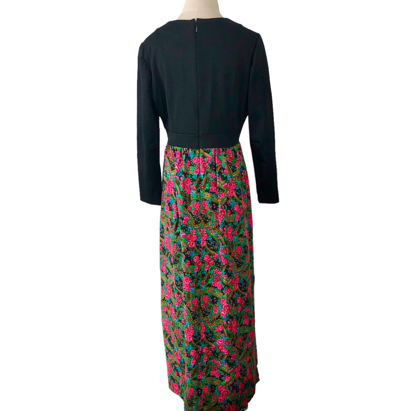 Vtg 70s Maxi Hostess Dress Size Medium Black Wrap Bodice Bold Floral Rose Skirt