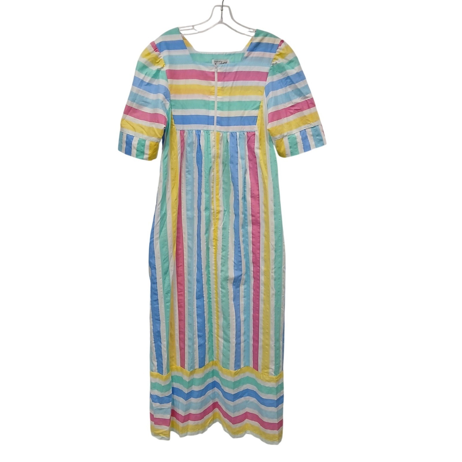 Vintage 80s Styled by Saybury Rainbow Pastel Stripe House Dress Muumuu M