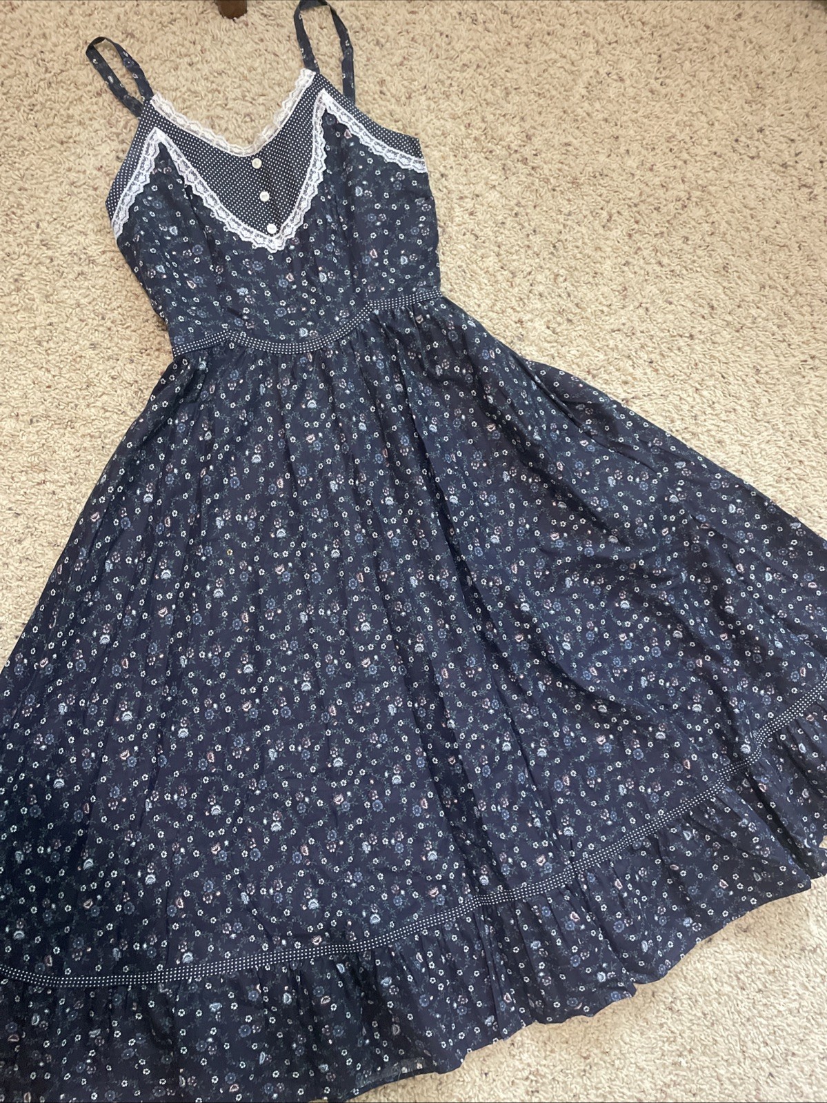70’s GUNNE SAX By Jessica Sun Dress VINTAGE Size 5 COTTON LACE Navy Floral