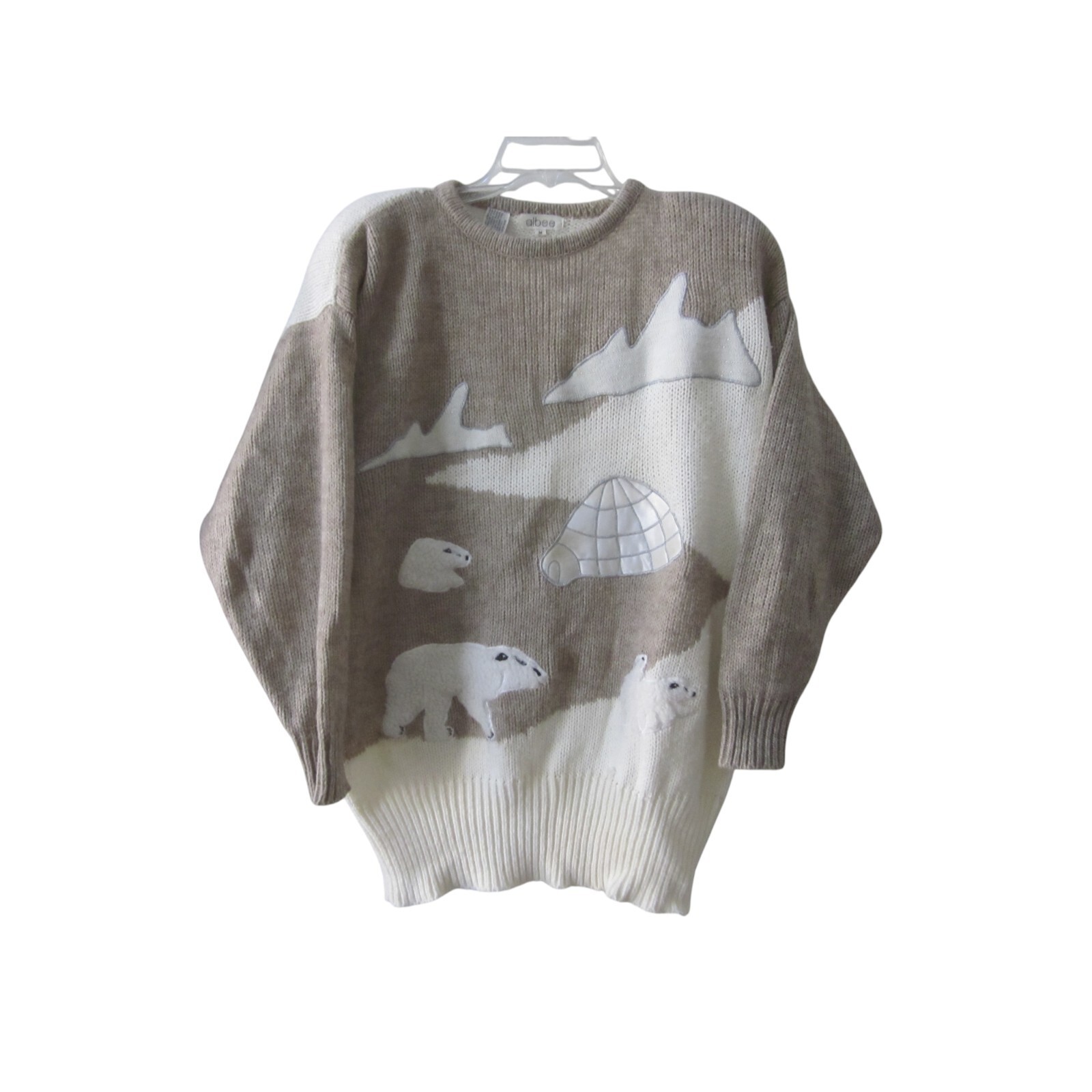 VTG ALBEE Brown & Ivory POLAR BEARS & IGLOO Applique Sweater w/ Sparkle Sz M