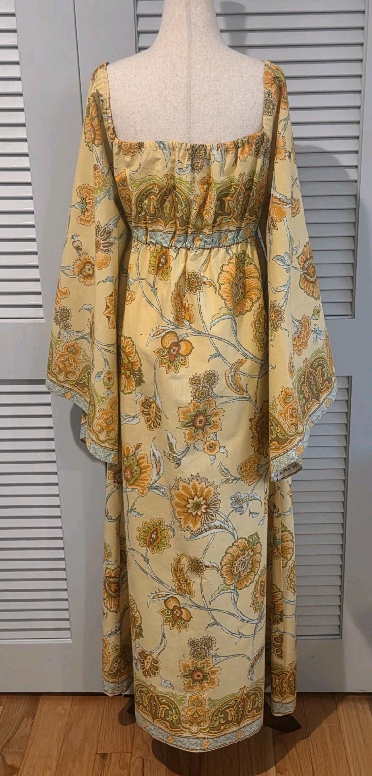 70s Vintage Maxi Dress Angel Sleeves Bloomcraft Du Pont Zepel Fabrics Handmade
