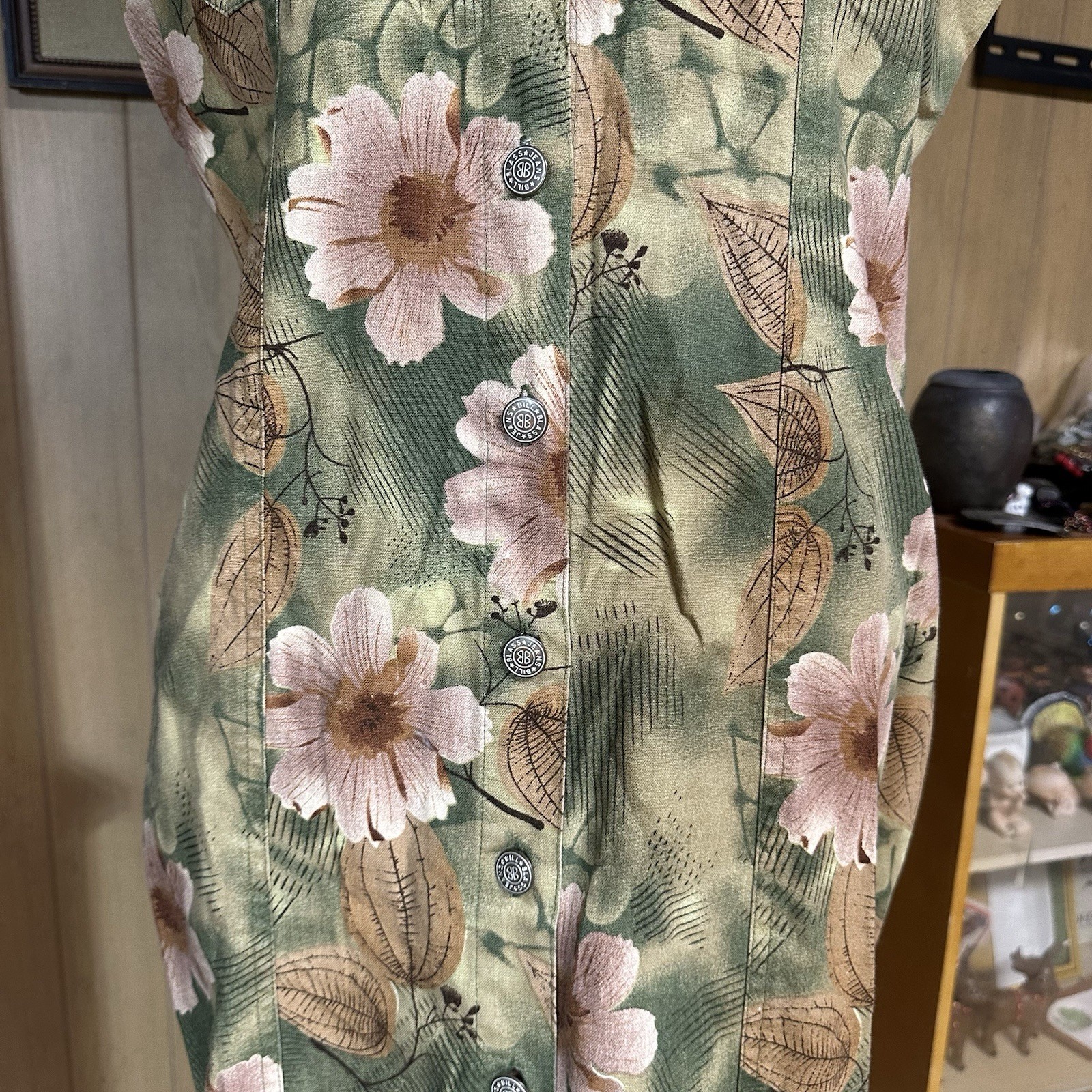 Vintage 90s Bill Blass Dress M/L Flower Midi Maxi Button Front Linen