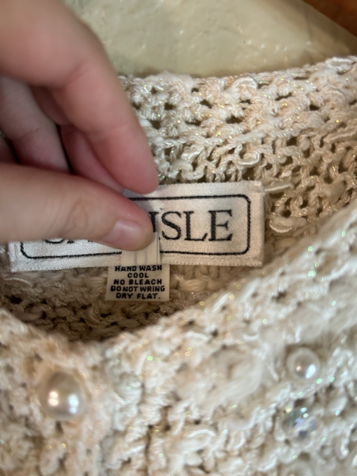 Vintage Crochet Ivory Angora Sparkling Beaded Pearl Button Long Sleeve Sweater