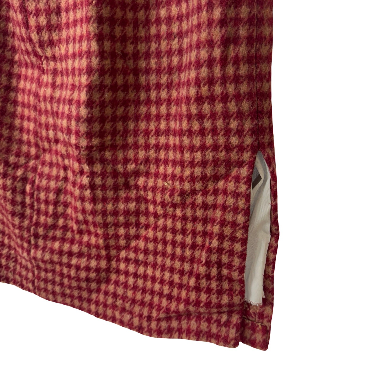Vintage 60s Heavy Wool Houndstooth Skirt Red Camel Metal Zip 28W Medium Project