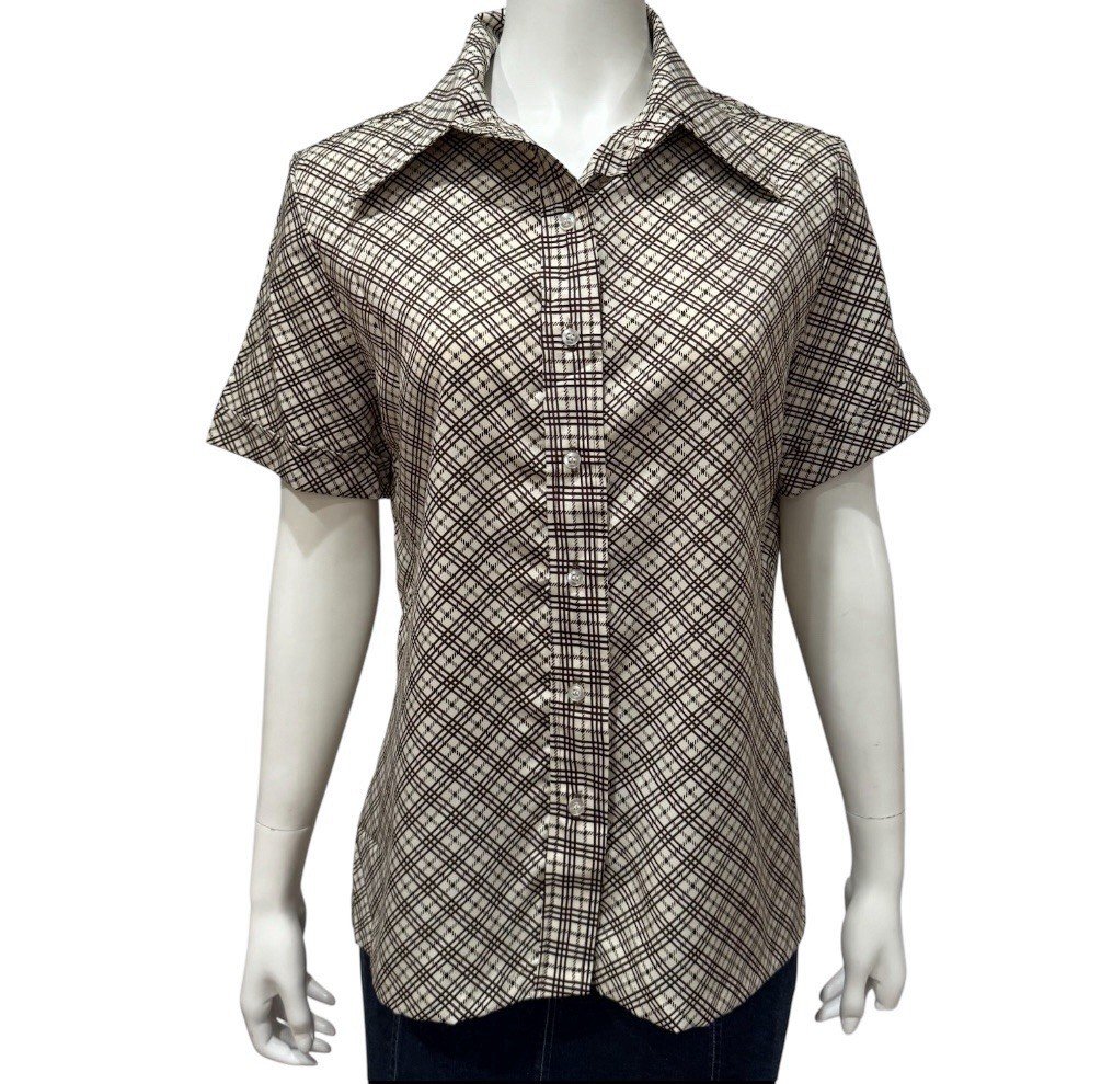 Vintage Lucky Winner Blouse Top 70s Secretary Brown Plaid Polyester size 17/18