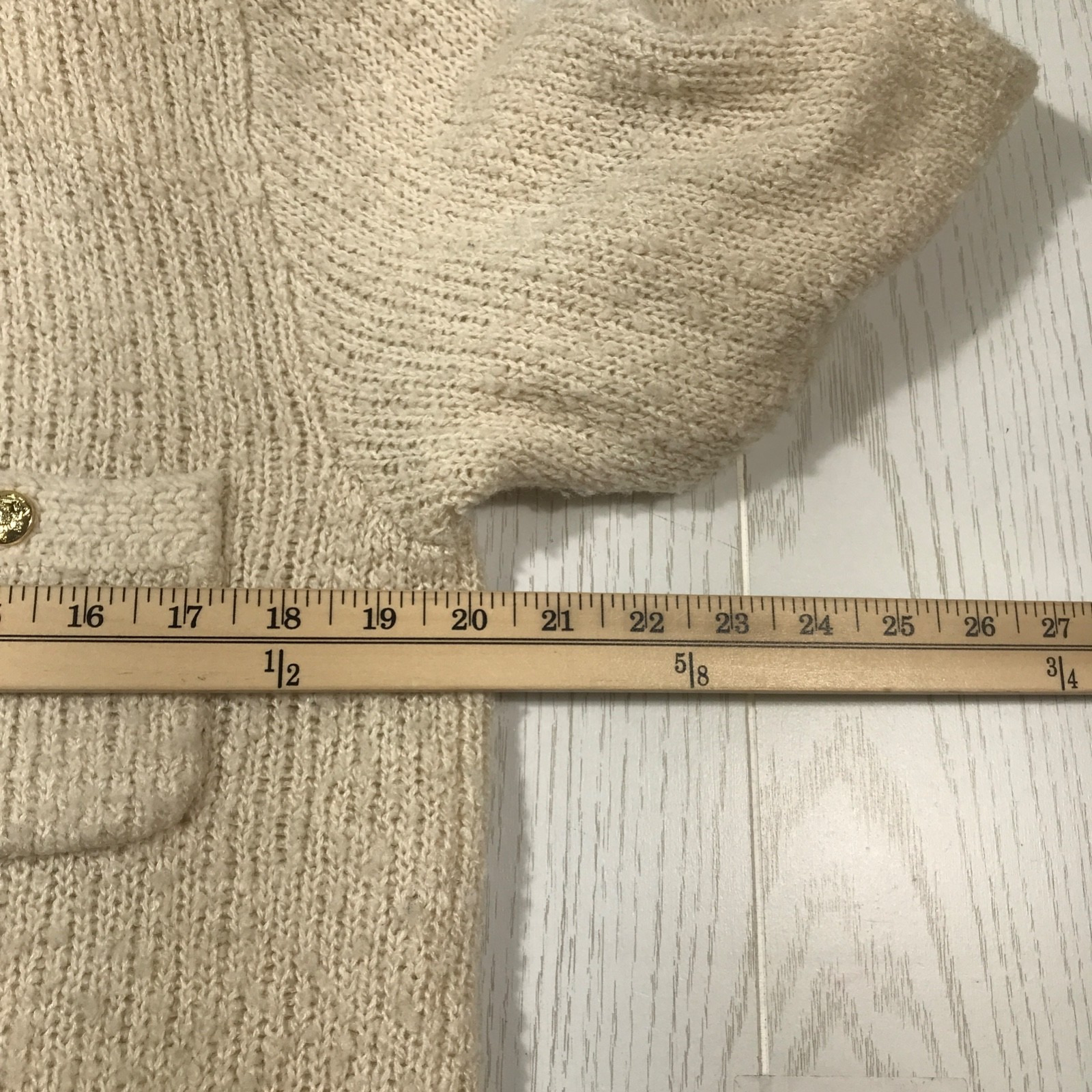 Vintage 80s Granny Sweater Women M Beige Tanner Acrylic Cardigan 4 Pockets Ugly