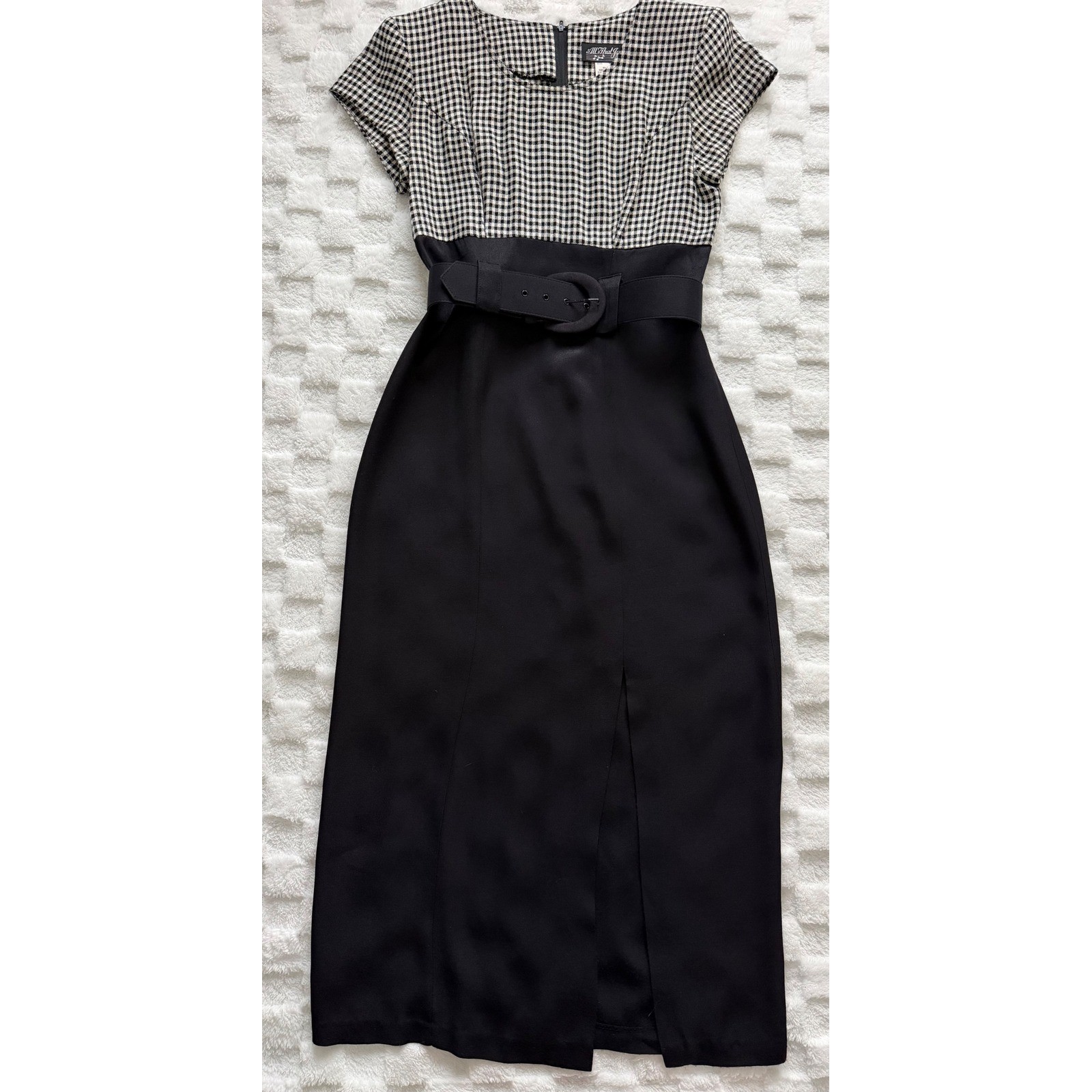 All That Jazz VTG 90s Gingham Belted Maxi Dress Black White Checkered Sz 9/10