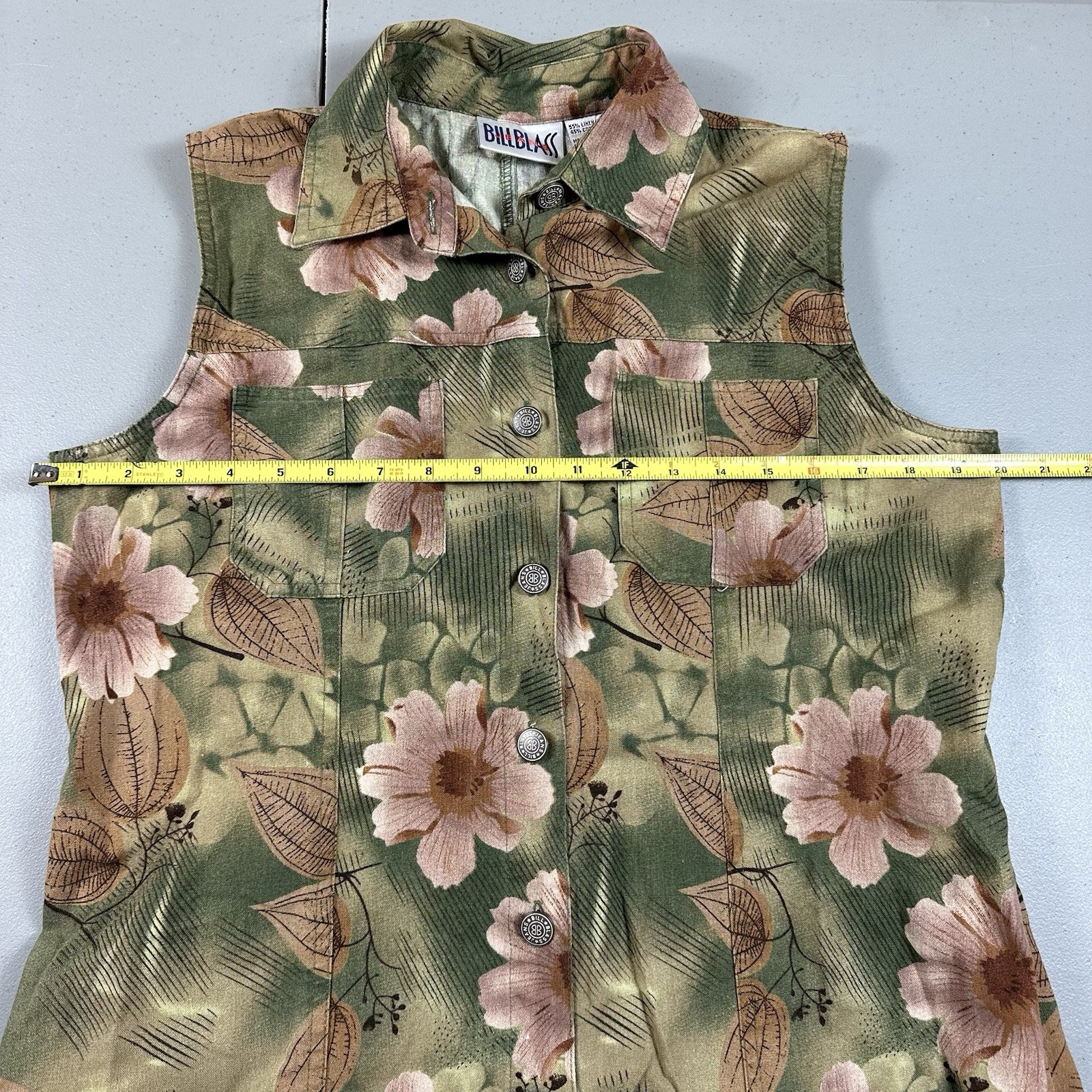 Vintage 90s Bill Blass Dress M/L Flower Midi Maxi Button Front Linen