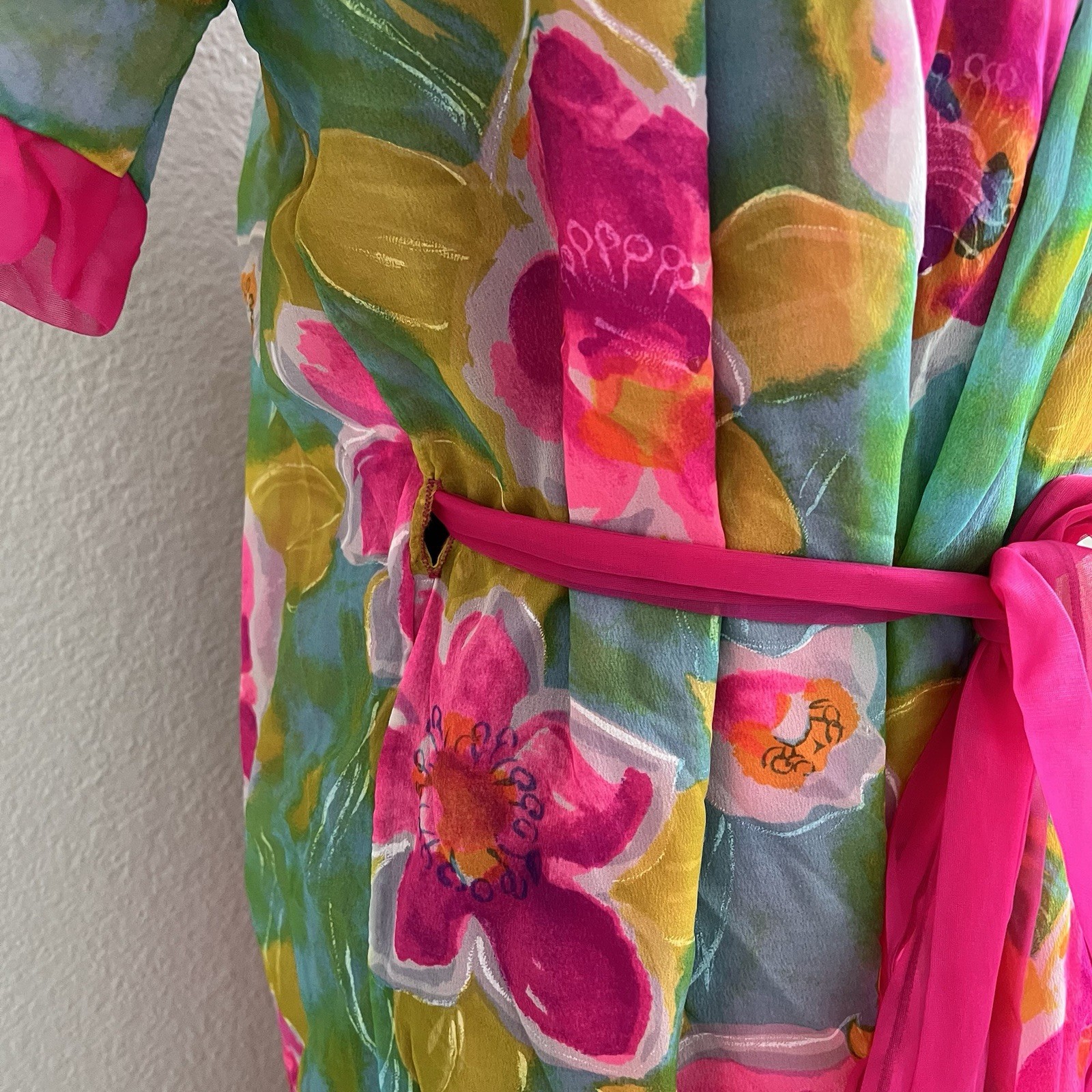 Vintage Jenelle of California Gown Belted Ruffles Floral Lined Colorful Nylon