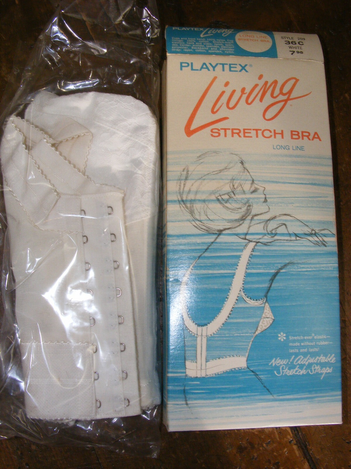 60S LONG LINE BRA PLAYTEX 36B #259 LIVING STRETCH BRA DEADSTOCK IN BOX LACE CUPS