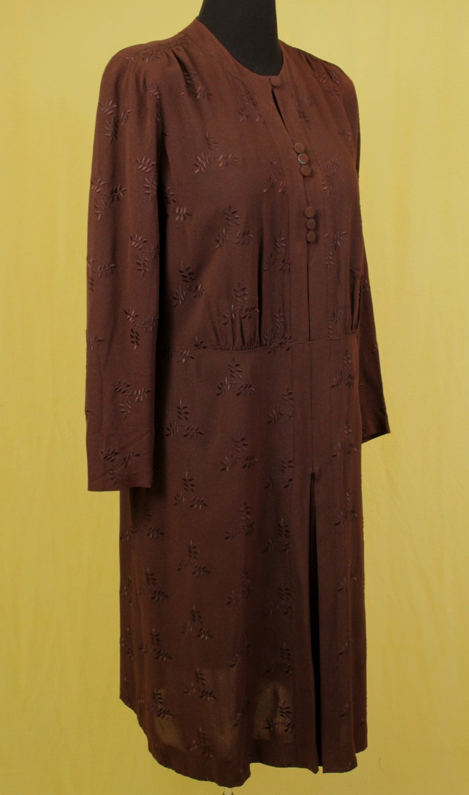 VTG Women’s 30s Brown Embroidered Long Sleeve Rayon Dress Sz XL 1930s Ladycraft