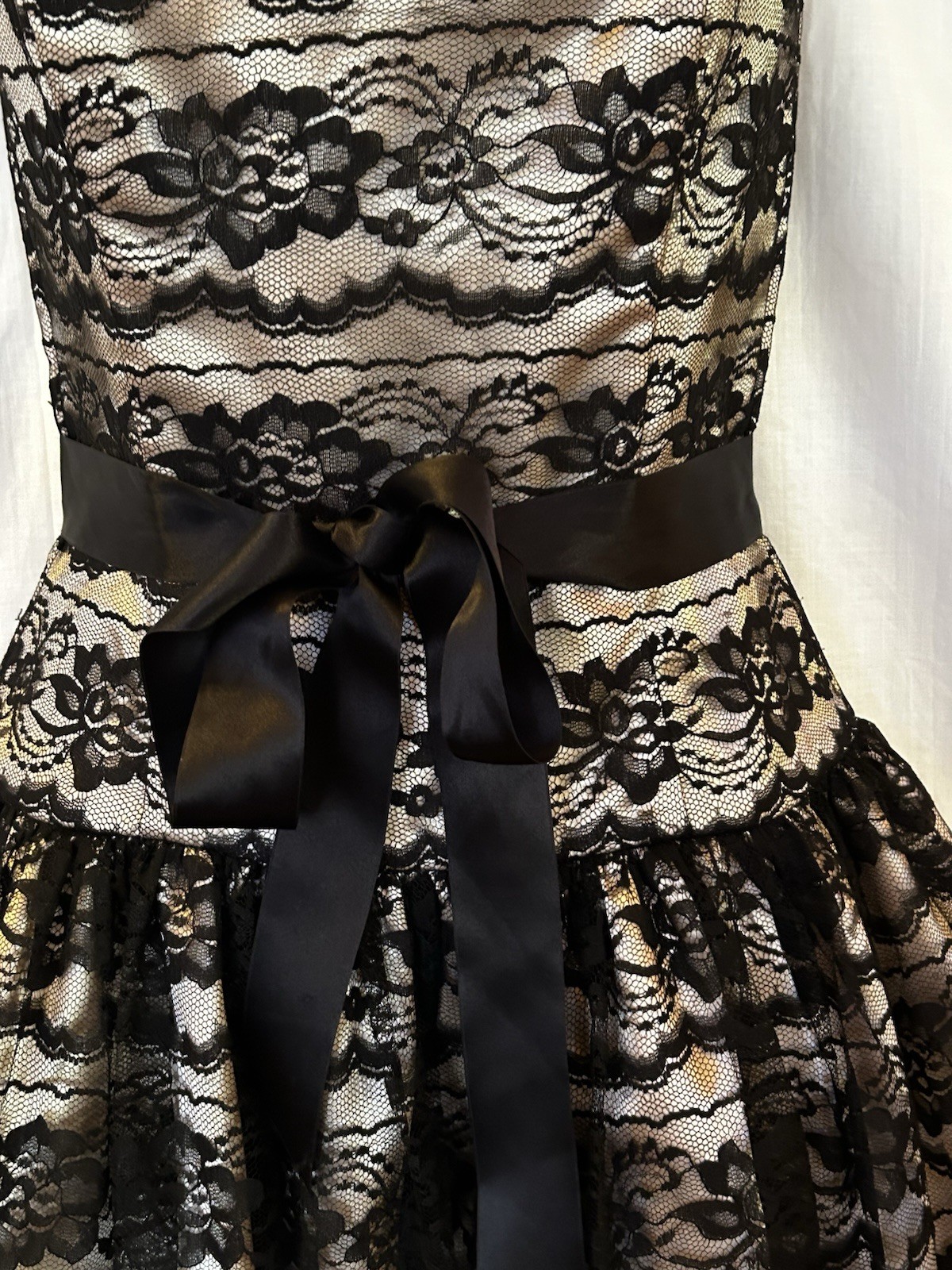 VTG 90s Gunne Sax Black Lace Champagne Satin Strapless Formal Prom Mini Dress 4