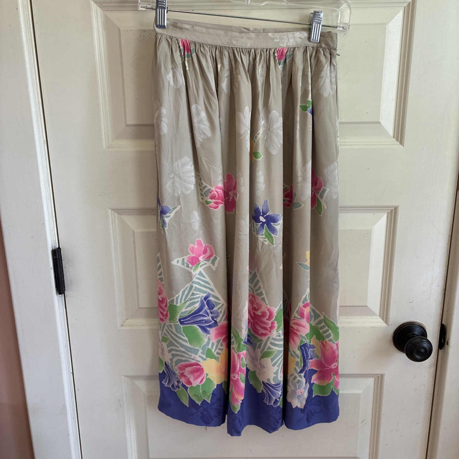 Vintage Small Size 4 Silk Skirt Tan Floral Purple Pink Yellow Coquette Feminine