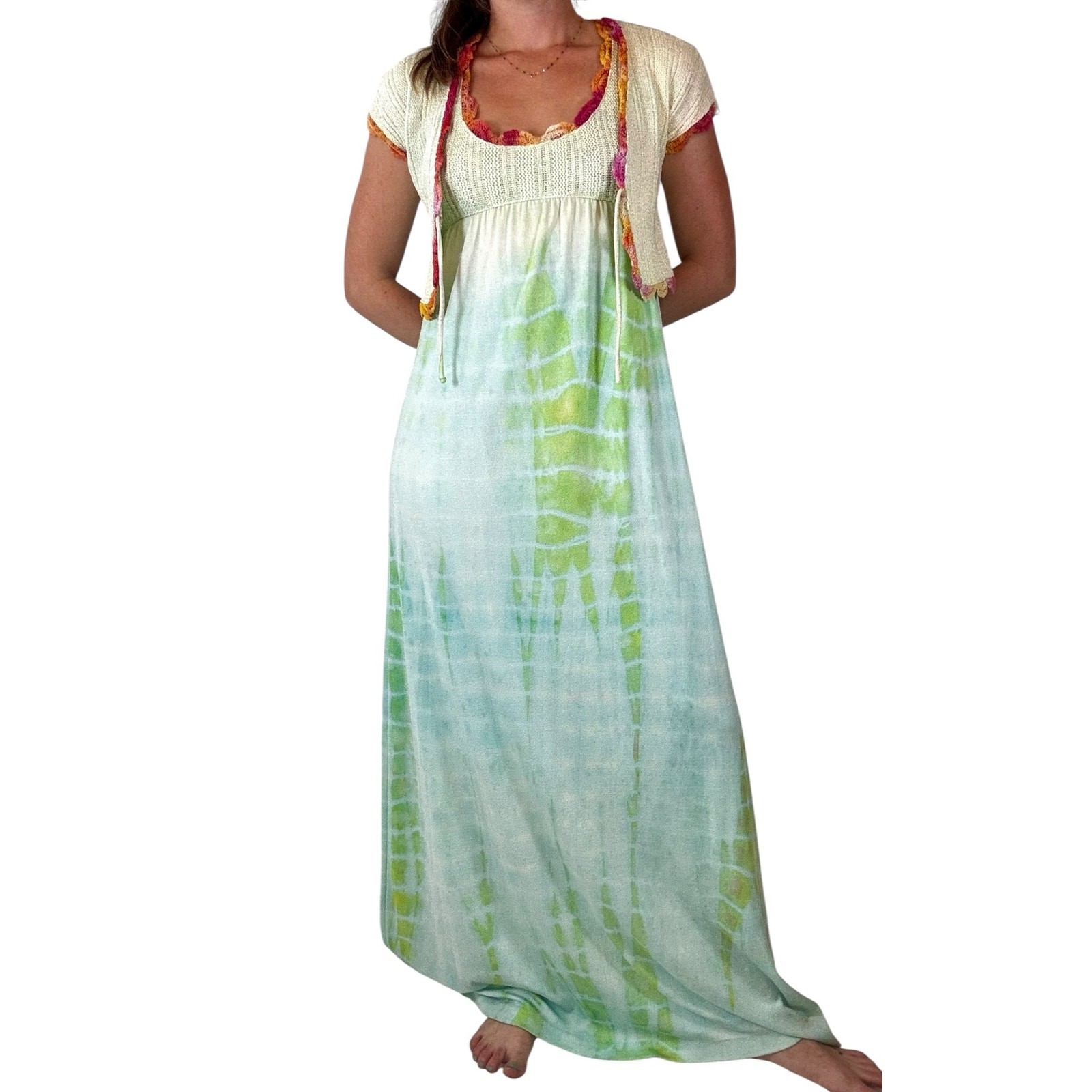 Vintage 1970s Ombré Dyed Maxi Dress & Jacket Blue Green Shibori Pink Orange