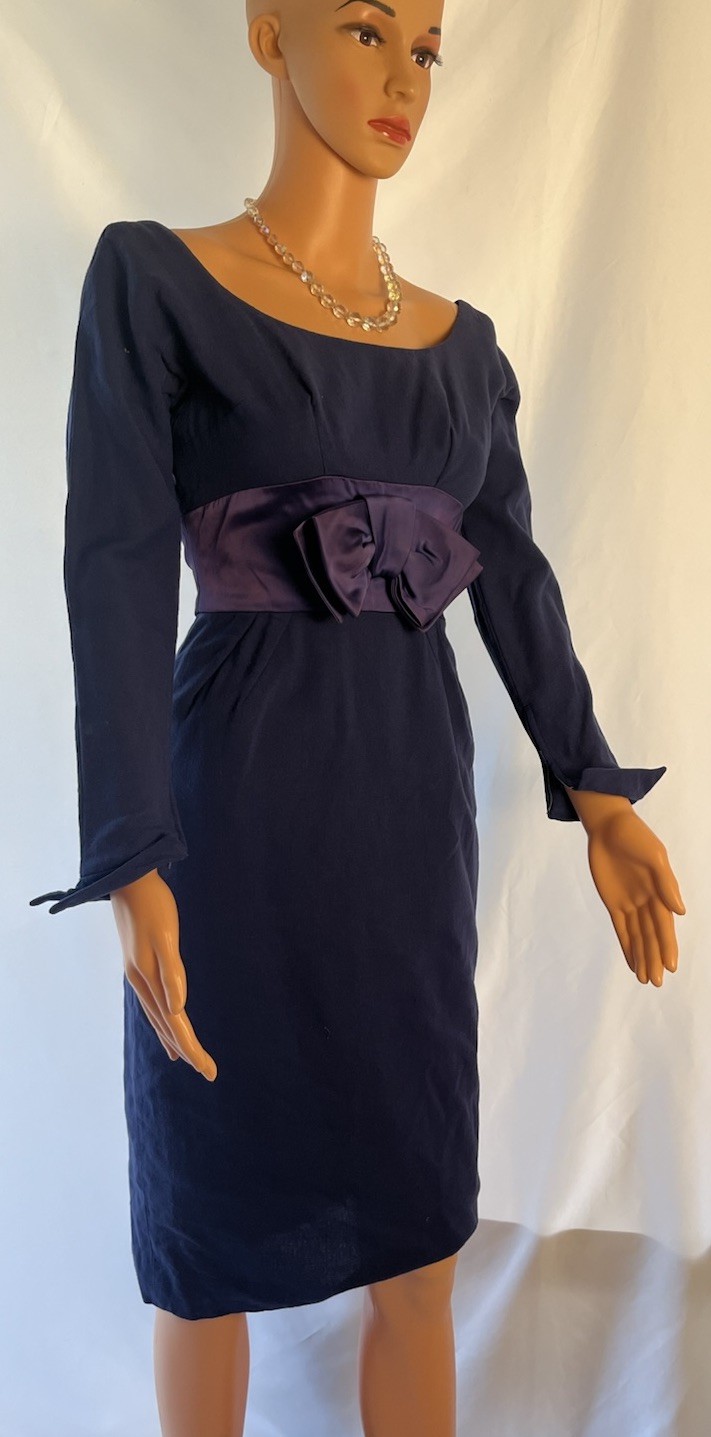 MAM’SELLE Vintage 1950’s Wiggle Dress Navy Blue With Satin Empire, XSmall, Flaw