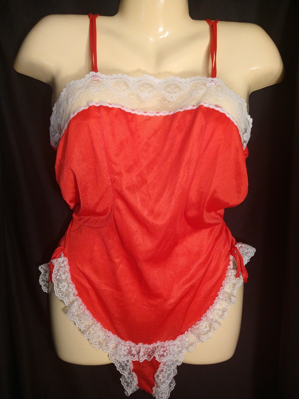 Jennifer Dale Red Silky Nylon & Lace Romper Slip On Teddy Bodysuit sz M Vintage