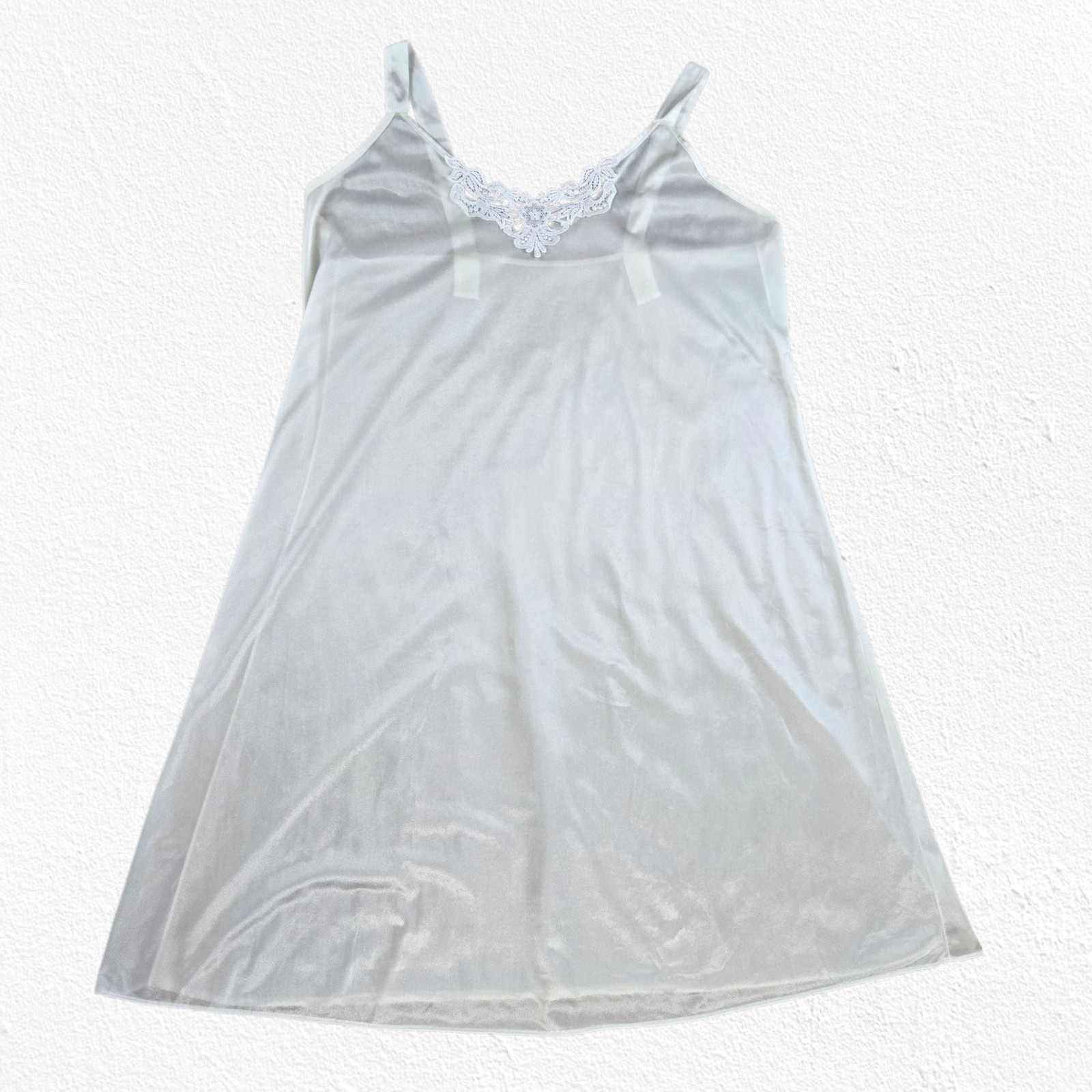 Vintage White Lace Trim Nylon Slip Dress Size Large 1970s 1980s Lingerie