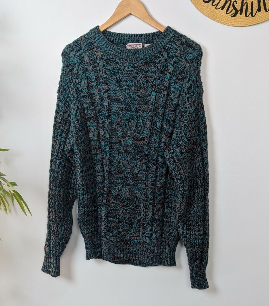 Vintage 80s 90s Chunky Knit Sweater Mens M Womens L Unique Teal Grey Tan
