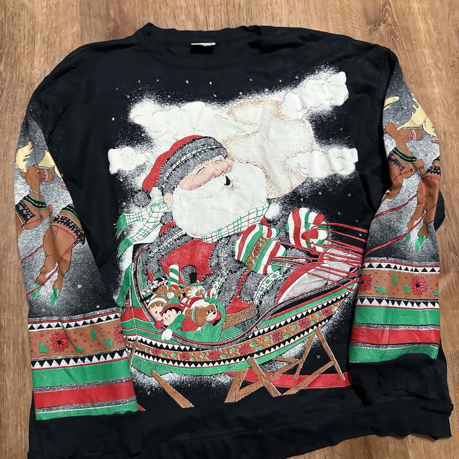 Vintage Large Christmas Pullover Sweater Black FULL Front Santa Claus Graphic
