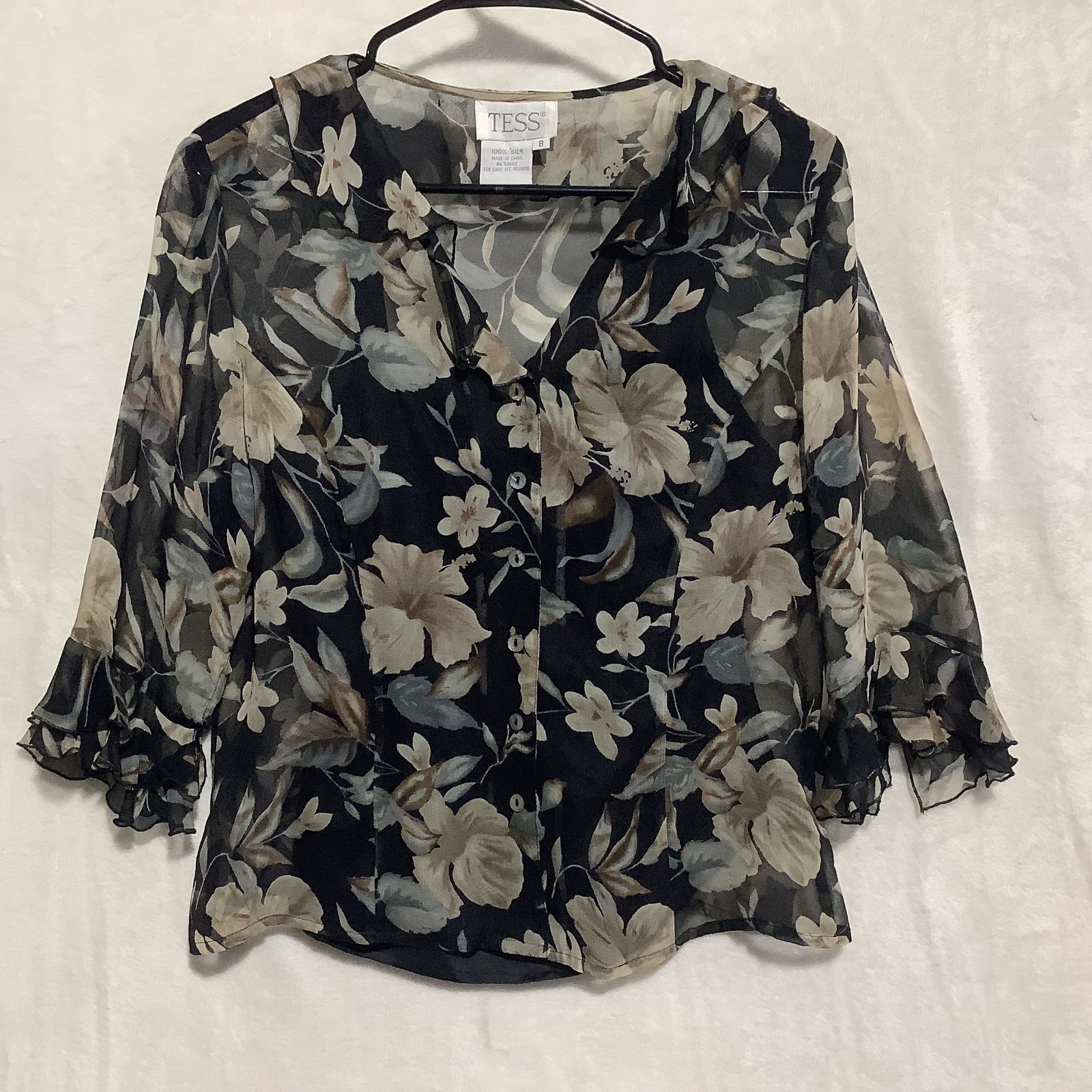 VTG Tess Sheer Blouse & Tank Top 2-Pc Set 100% Silk Floral Balloon Sleeve Size 8