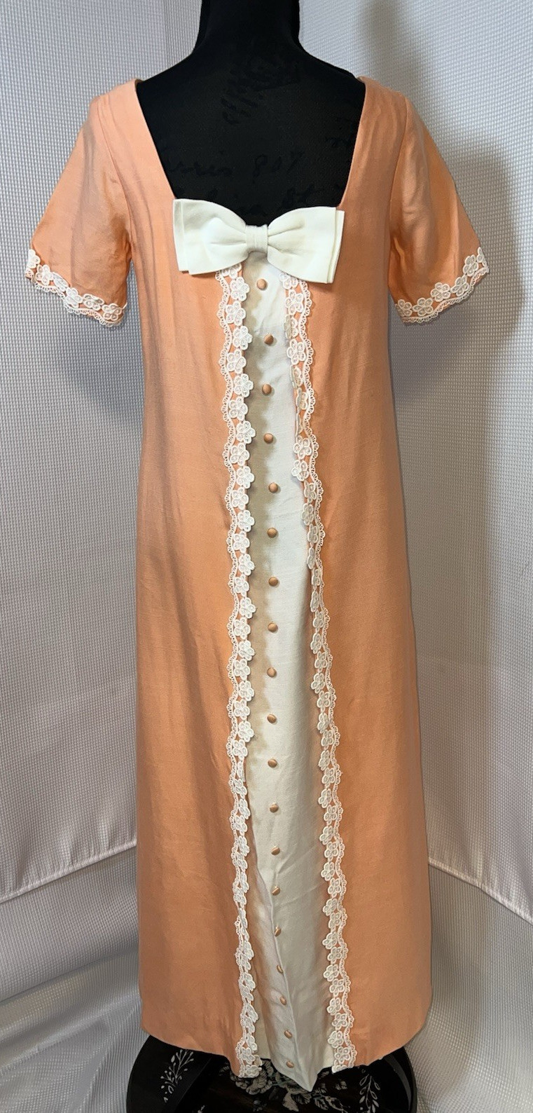 Vintage Peach Empire Waist Dress White Trim Check Measurements Maxi u38