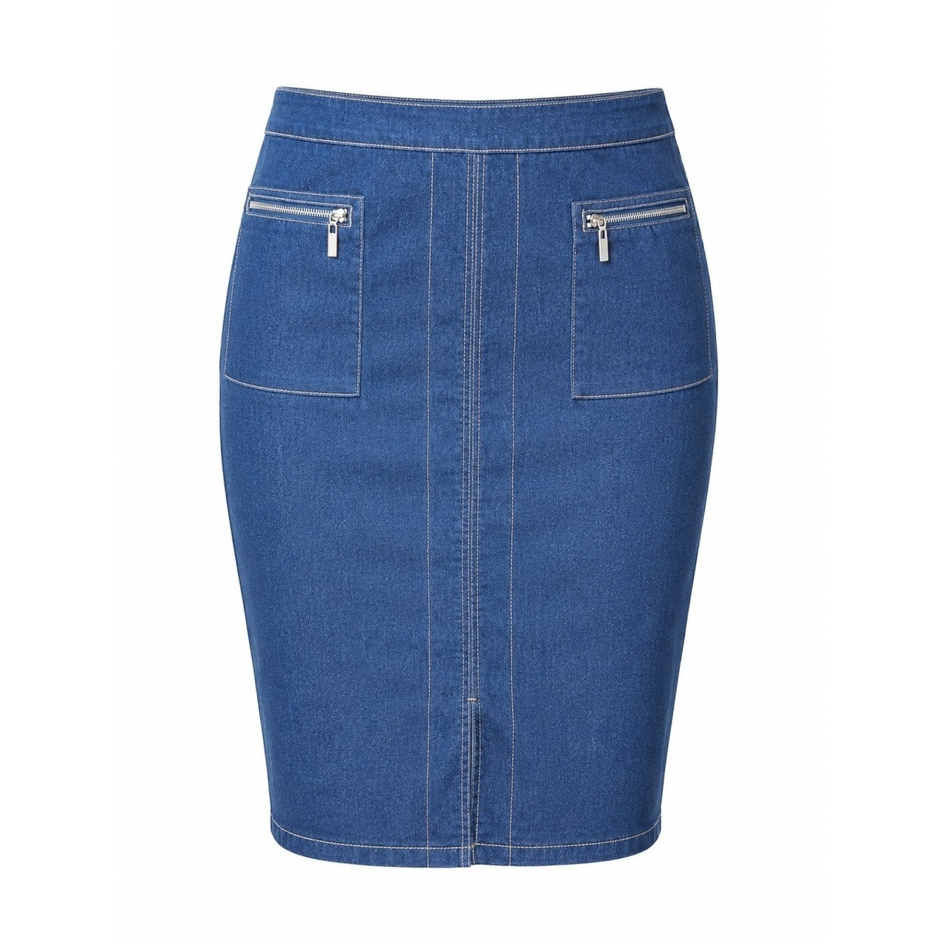 CHICO’S | Denim Pencil Skirt Gold Zip Pocket Stretch Jean Cotton Blend | 16 XL