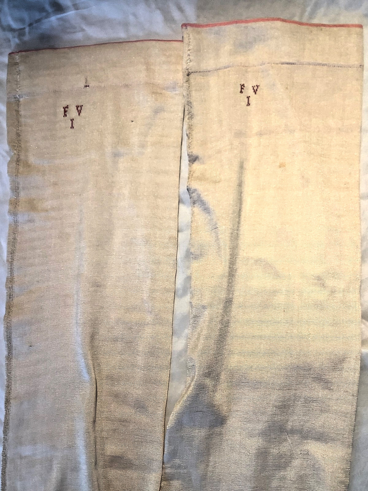 Antique silk Victorian knit Stockings ivory 10 hand sewn Monogram lisle France