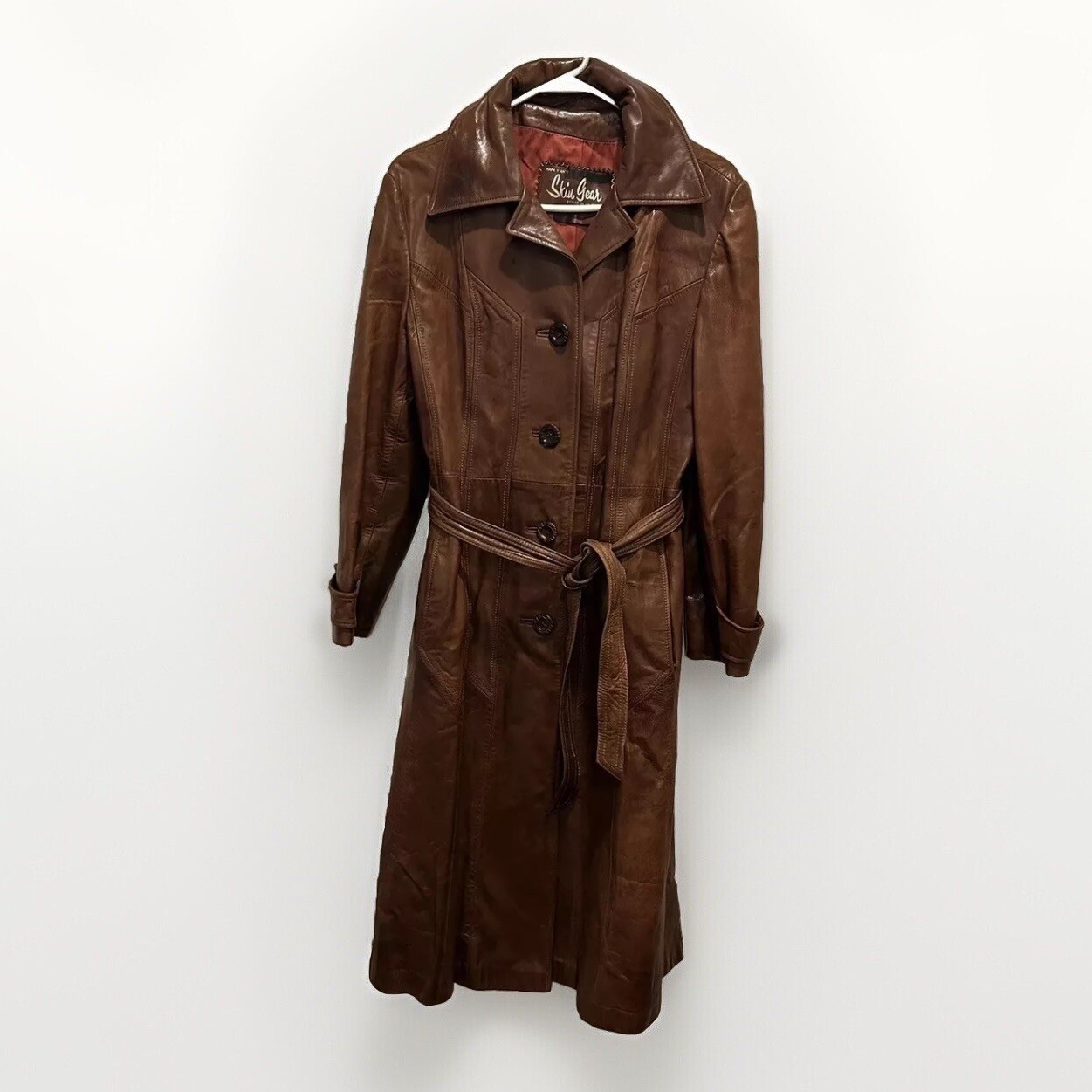 Skin Gear Belted Leather Trench Coat Jacket Womens M Vintage 70s Brown Lambskin