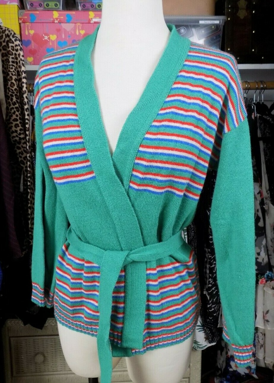 Vintage Sears Mates Junior Bizaar Green Red White Blue Striped Cardigan Medium