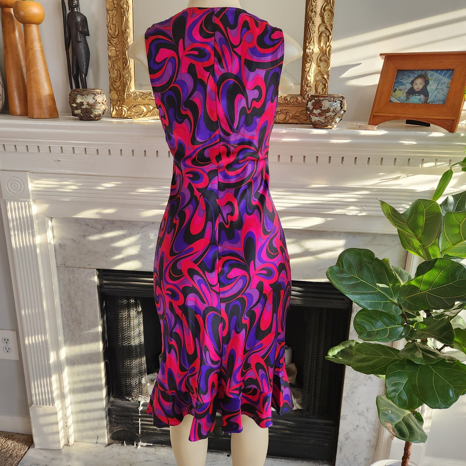 Vintage 80s Black Slip Dress Silk Purple Ruffle Hem Retro Psychedelic Size 4