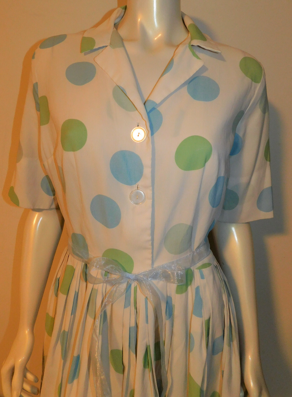 Polka Dot Vintage Dress 8 10 12 Fitted Blue Green SS Pleated Full Skirt Button