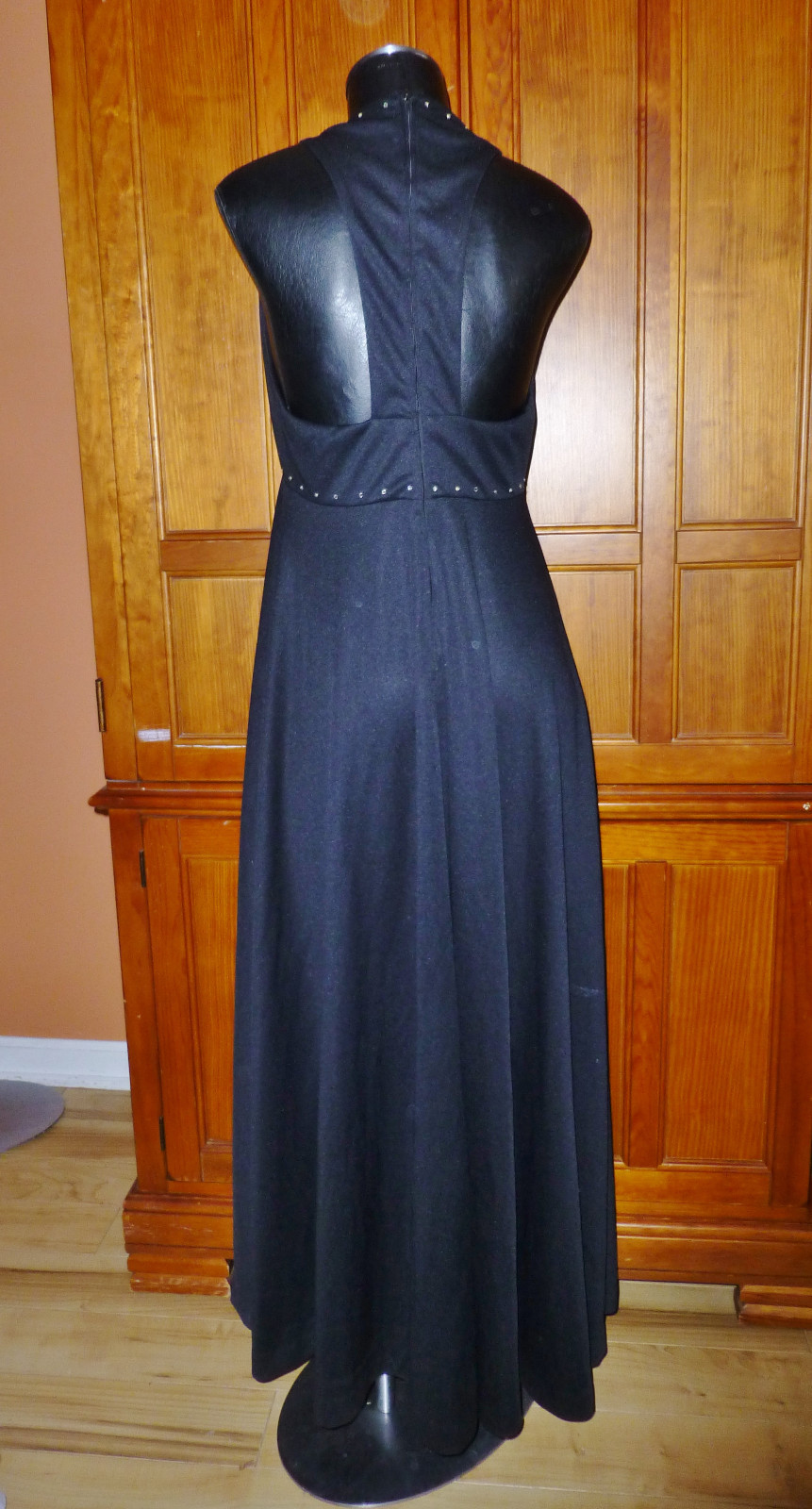 Vtg 70s Black Jersey Knit Rhinestones Boho Empire Disco Evening Maxi DRESS GOWN