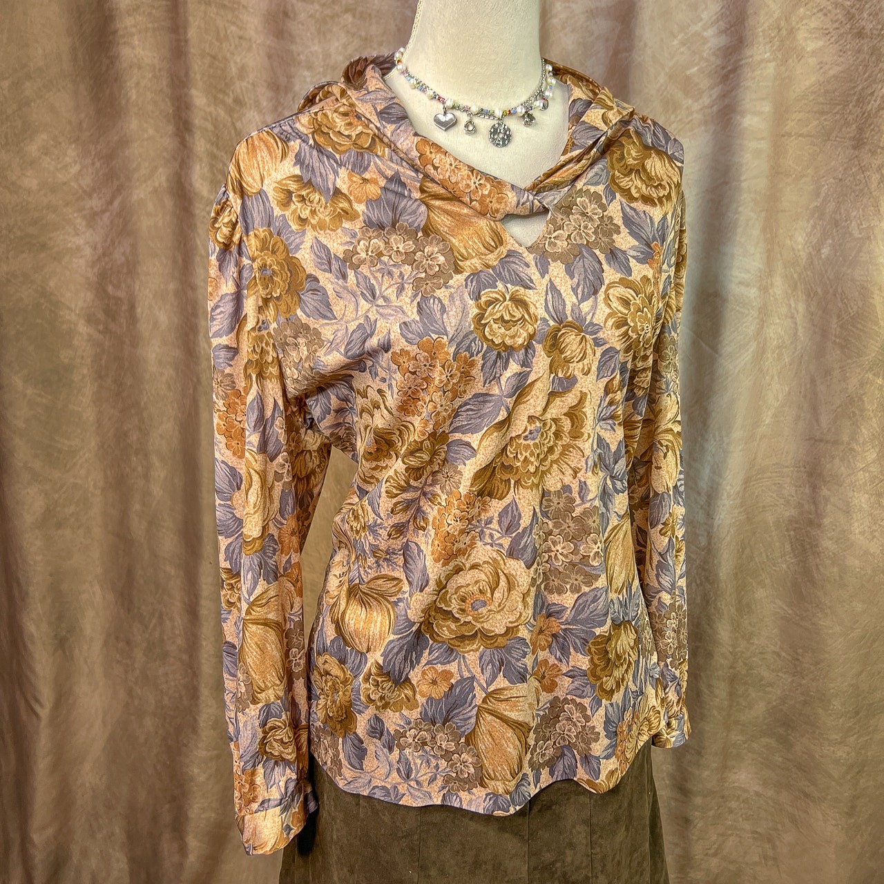 Vintage 70s Polyester Blouse Floral Tie Neck Earthy Multicolor Retro Disco
